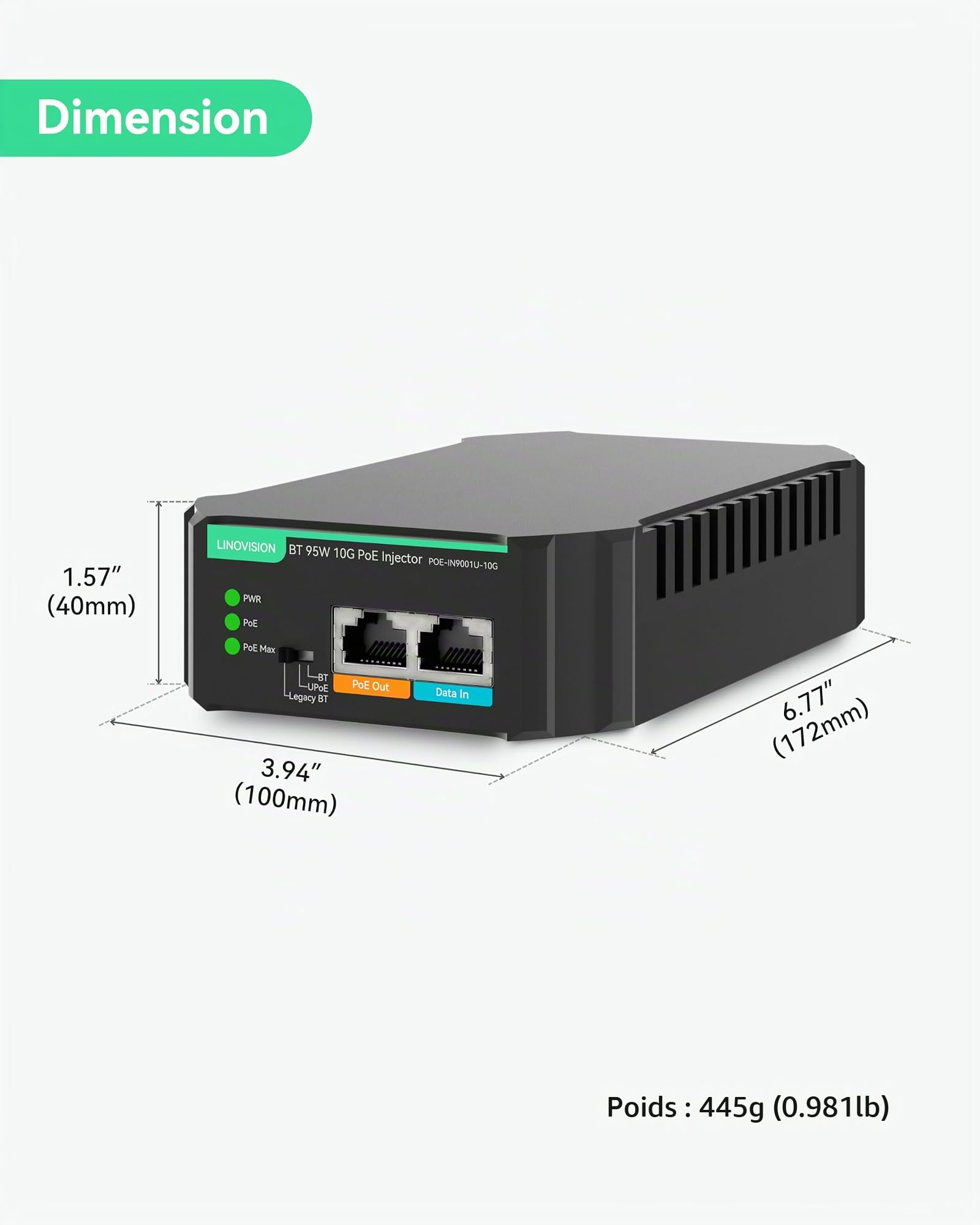 LINOVISION Injecteur POE++ Industriel, 95W, 10G BT, IEEE802.3af/at/BT, entrée AC 100-240V