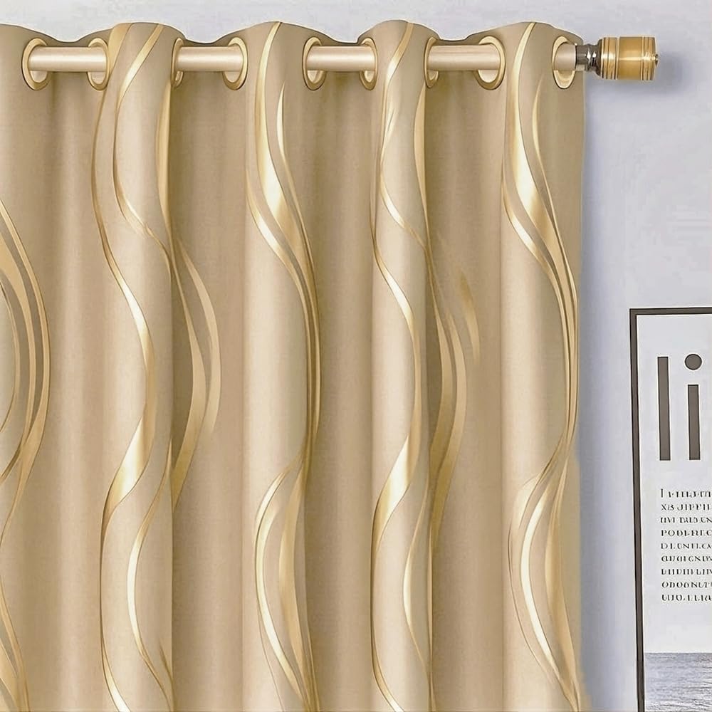 MYRU 2 Panels Set Luxury Striped Blackout Curtains for Bedroom Living Room (Khaki and Gold, 2 x 66x84 Inch) โ image 1