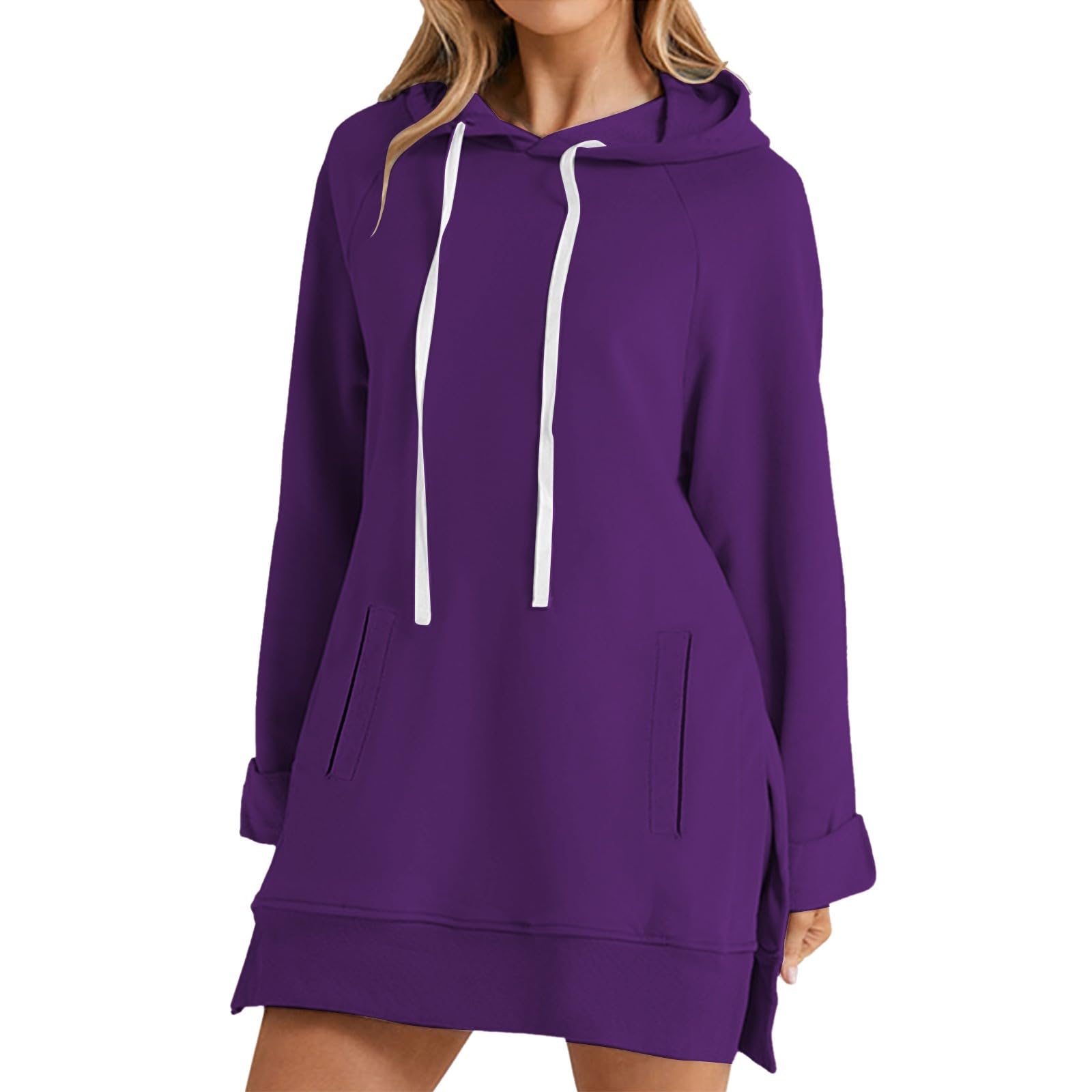 Generico Tunica da Donna Manica Lunga - con Cappuccio da Donna in Pile | Oversize Hoodie Tinta Unita Moda Casual Tasche Casa Abbigliamento Termica Autunno Eleganti Invernale Outdoor