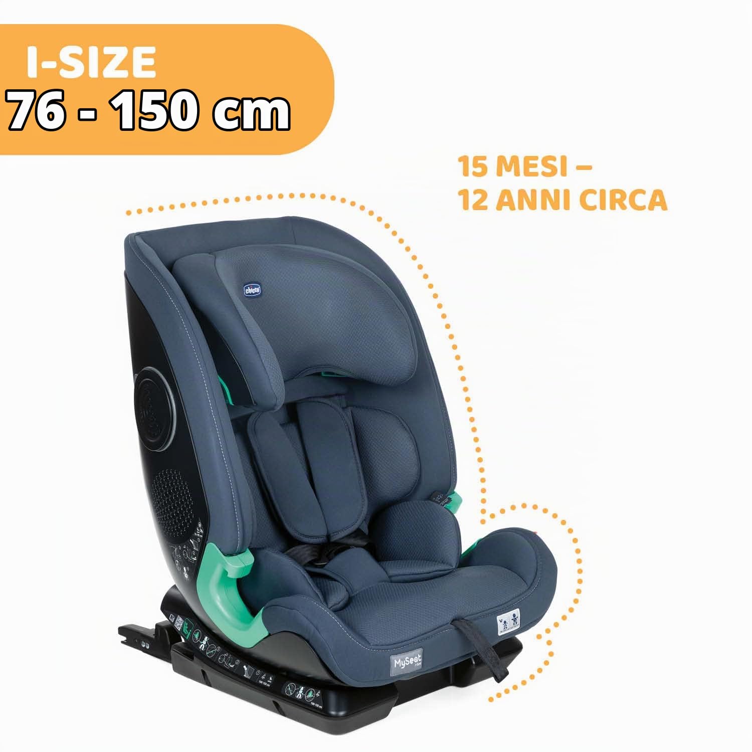 Chicco MySeat Seggiolino Auto I-Size, Sistema Isofix e Top Tether, Cinture Integrate Reclinabile, Regolabile in Altezza, Omologato ECE R 129/03, I Size, 76-150 cm, 15 Mesi, Blu