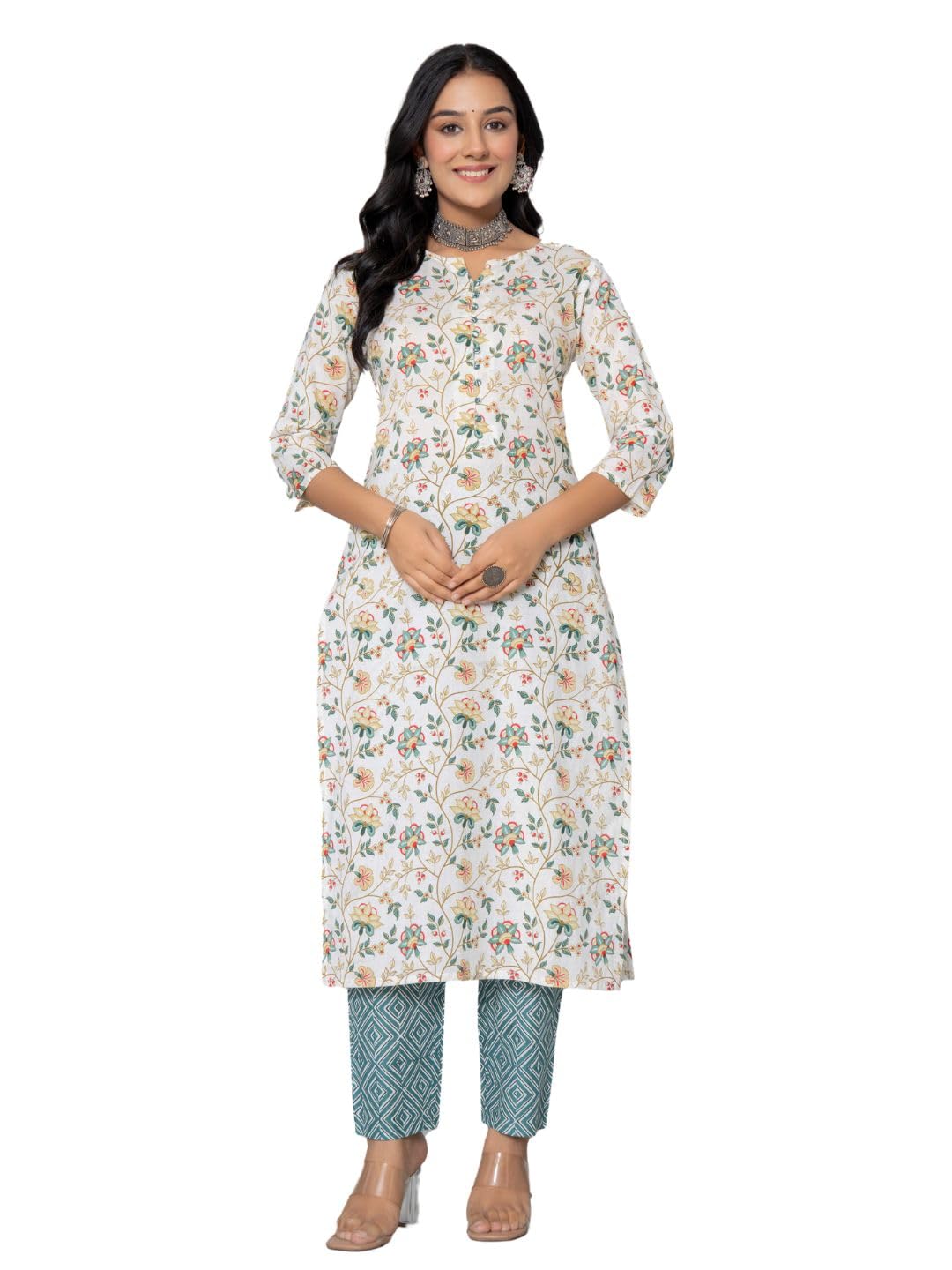Rytras Women's Cotton Printed Straight Kurta With Pant(Ryt542,Green,L)