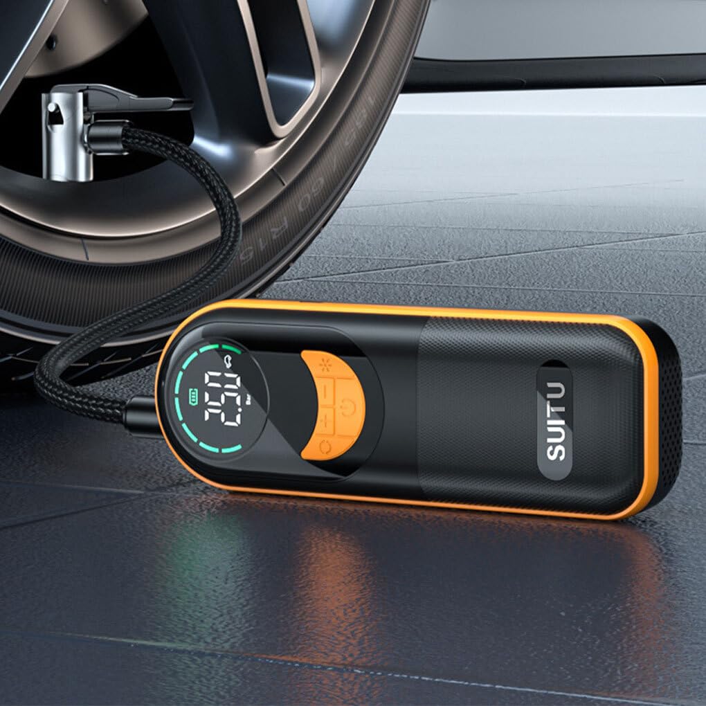 Compresor de Aire portátil inalámbrico para Coche, Delgado, Potente | fácil de usar, con luz LED y bajo nivel de ruido. Bomba infladora de neumáticos para coche con luz LED.