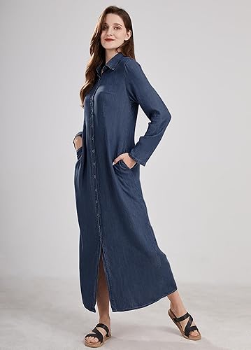 Miniatura 10 de utcoco Vestido largo casual de mezclilla con botones para mujer, con solapa, manga larga, con bolsillos