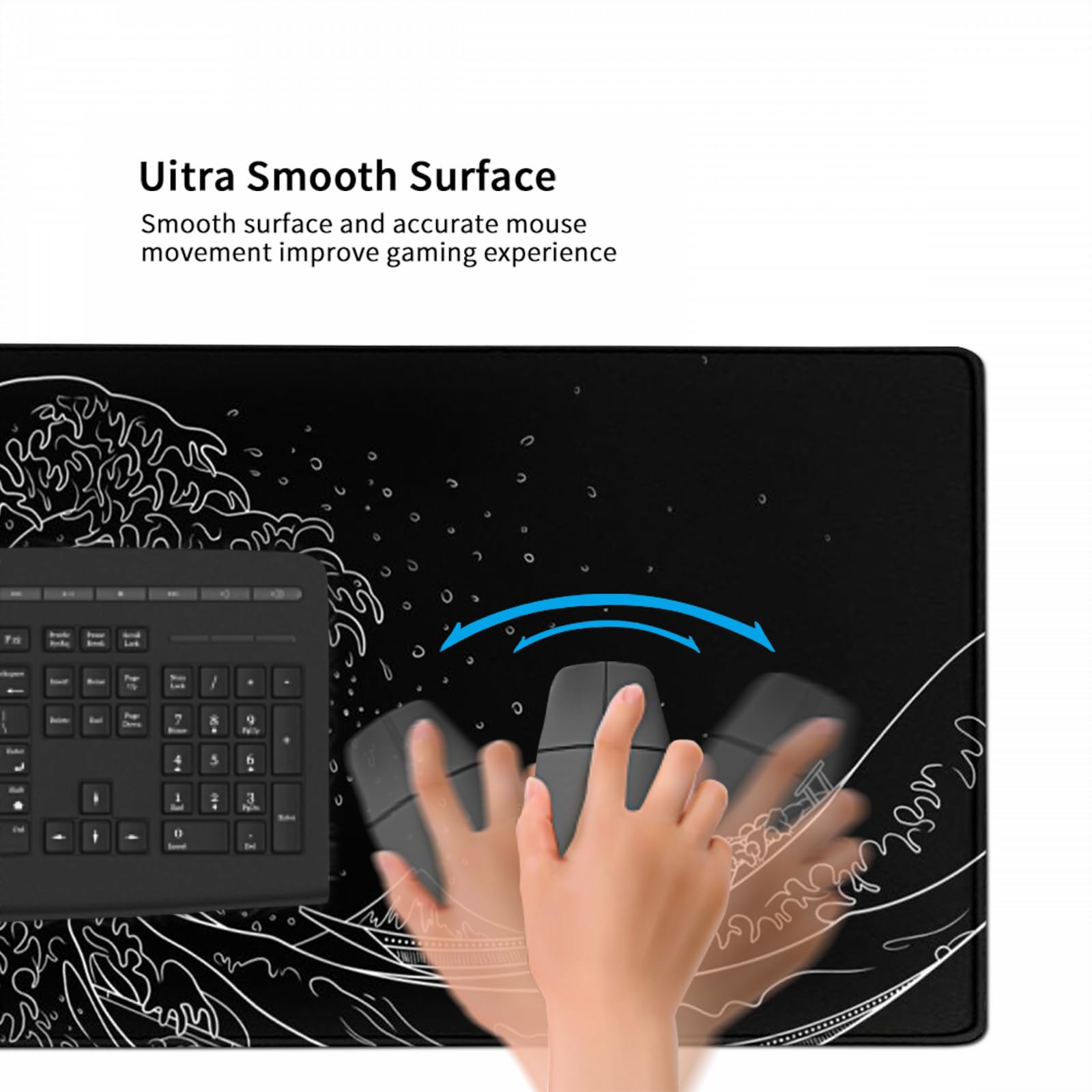 Tappetino per mouse extra large 122 x 61 cm, motivo onde marine giapponesi, tappetino da scrivania impermeabile | Tappetino per mouse con base in gomma antiscivolo con bordi cuciti per lavoro, gioco, ufficio, casa (nero, XXXXL)