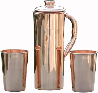 Copper Jug Pitcher with 2 Tumblers Glossy 1Lt 33.8 US Fl Oz Capacity, Unlined, Uncoated and Non-Lacquered for Ayurveda Health Benefits made of Pure Copper