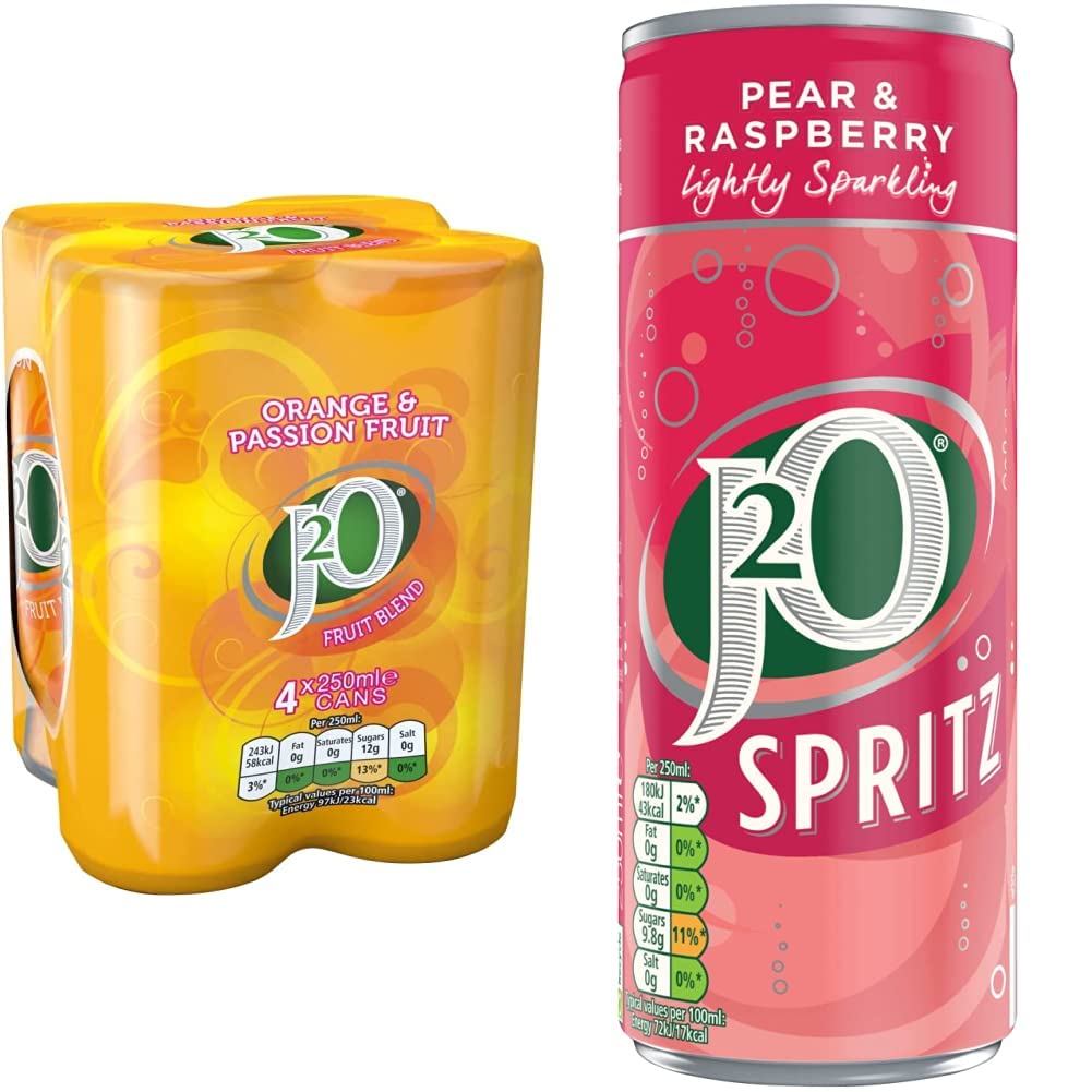 J2OOrange & Passion Fruit Blend, 4 x 250ml & Spritz Pear and Raspberry, 4 x 250ml Can
