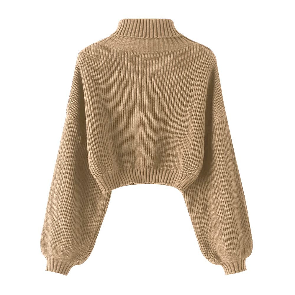 ZAFUL Women's Crew Neck Long Sleeve Pullover Crop Sweater Mock Neck Lantern Sleeve Ribbed Knit Cropped Sweater