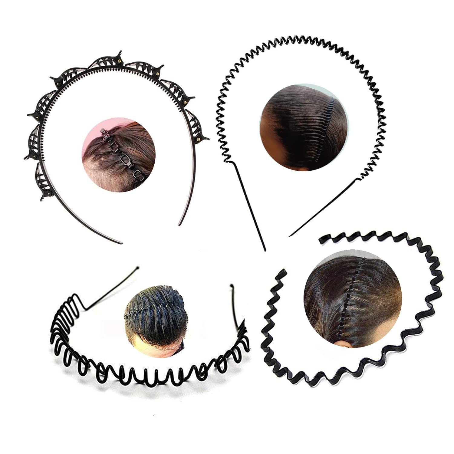 skvilla Pack of 4 Unisex Men Women Black Metal Wavy, Spring and Zig zag Band Hair Hoop Hairband and Plastic Hair Band Double Layer Twist Plait Hairband For Daily Use.-picture-17