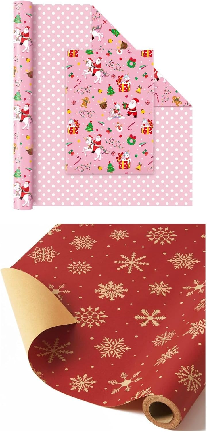WERNNSAI Christmas Snowflake Wrapping Paper Roll + Santa Christmas Wrapping Paper Jumbo Roll