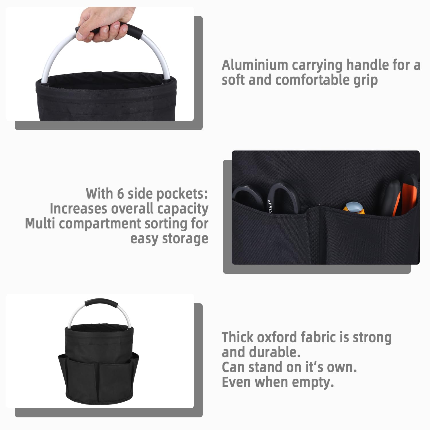 Cestino porta Attrezzi con 6 Tasche Esterne,Contenitore per Utensili per la Pulizia, Borsa per Attrezzi da Giardino Facile da Pulire e Trasportare(Nero)