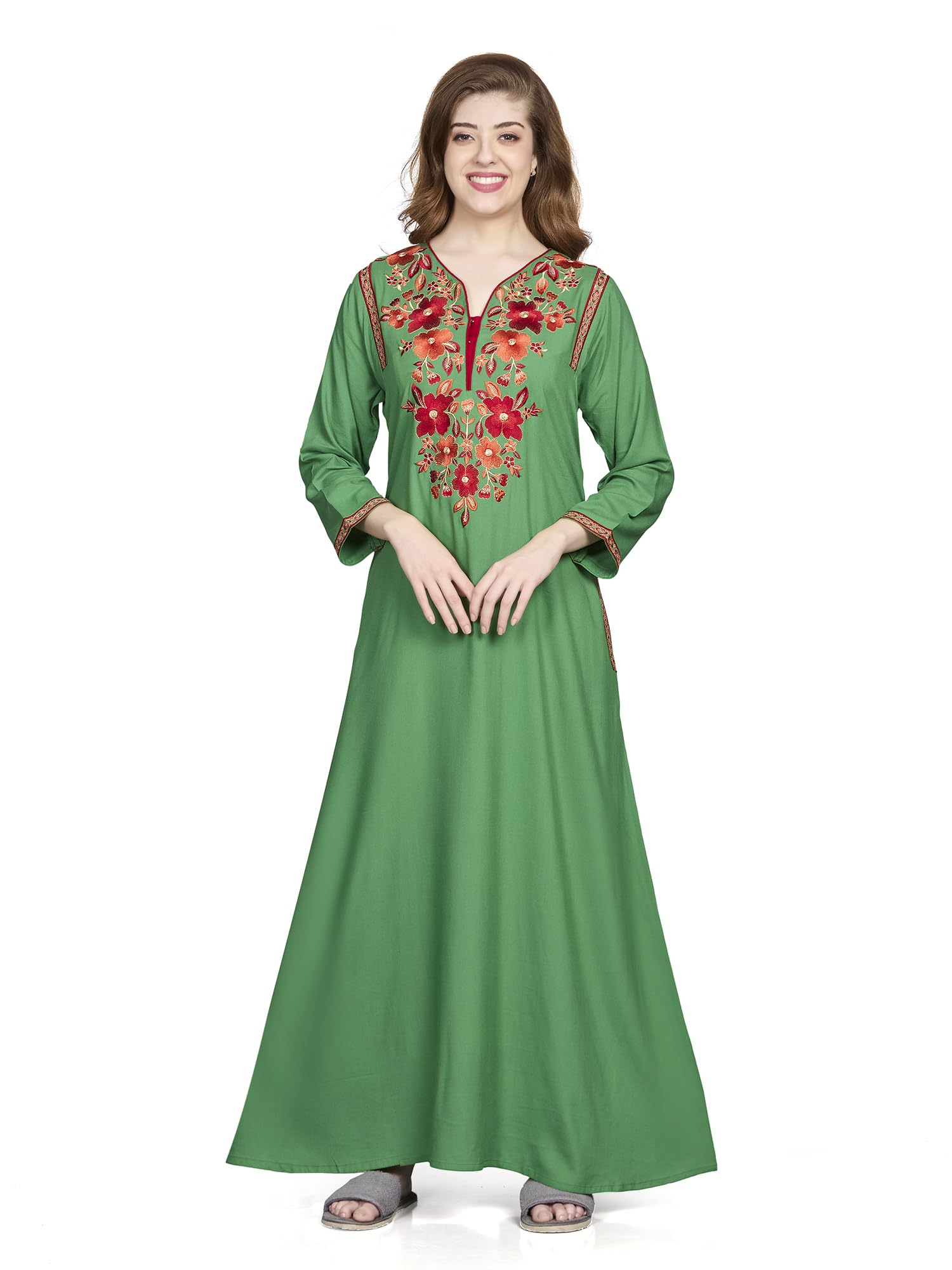 Women’s Solid Full Sleeve V Neck Full Length Embroidered Nighty-image-14
