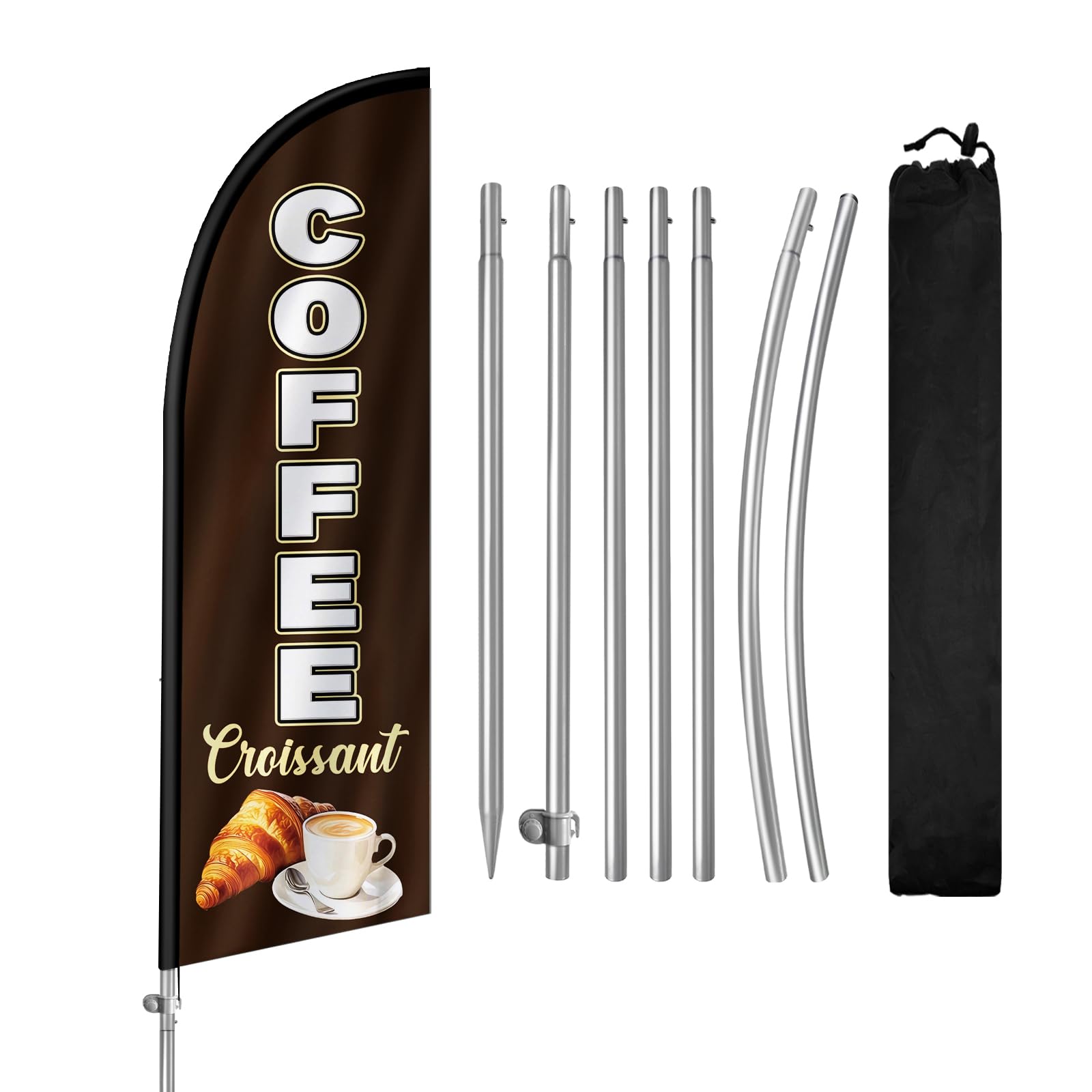 QSUM Coffee Croissant Feather Flag with Stainless Steel Flagpole,Ground Spike Advertising Flag,Suitable for Businesses and Storefronts Signs,8FT,1 Set