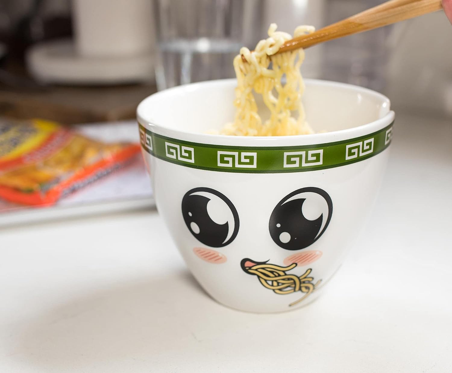 Bowl Bop Soba Slurp Japanese Ceramic Dinnerware Set | Includes 16-Ounce Ramen Noodle Bowl and Wooden Chopsticks | Asian Food Dish Set For Home & Kitchen | Kawaii Anime Gifts, Snack Collectible