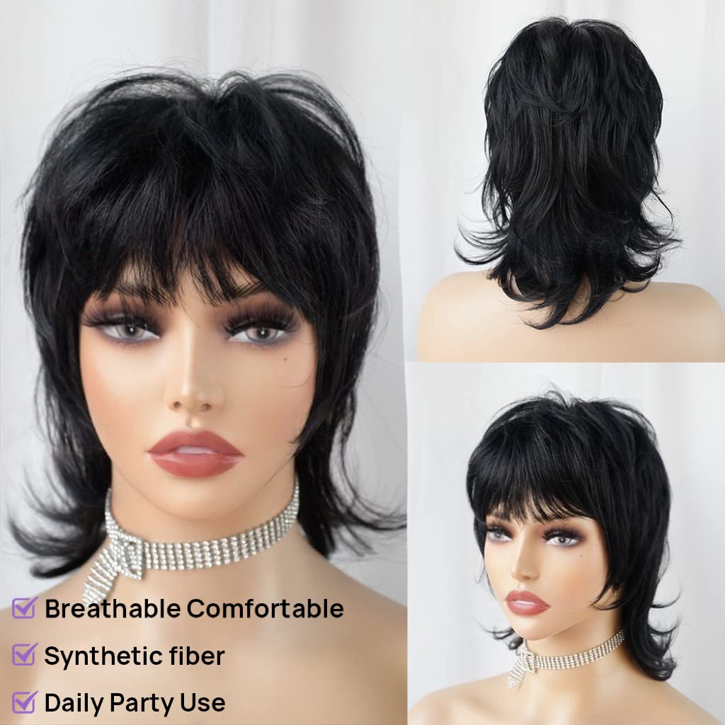 Short Black Shaggy Layered 80s Mullet Pixie Wig with Bangs Wolf Cut Curly Synthetic Natural Funny Adult Fake Fun Hair Replacement Wigs for White Women Daily Party Cosplay Costume Halloween Use - Image 3