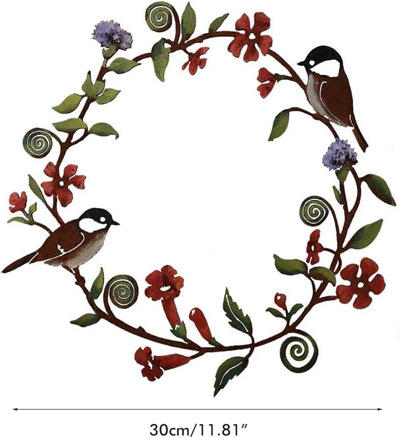 Chickadees Flowers Wreath Wall Art, Bird Garland Metal Hanging Wreath for Door Wall Farmhouse Decoration
