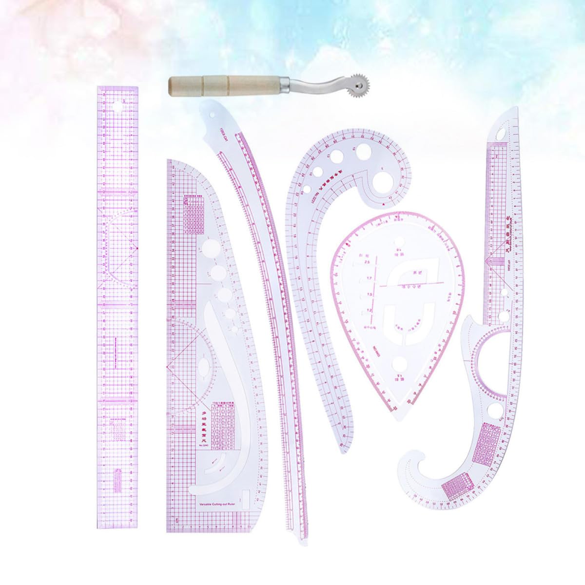 Set di 7 Righelli Sartoriali in Plastica per Disegno e Taglio Abbigliamento Misure Curve per Polsini, Colli e Tasche, Strumenti per Sartoria e Modellismo