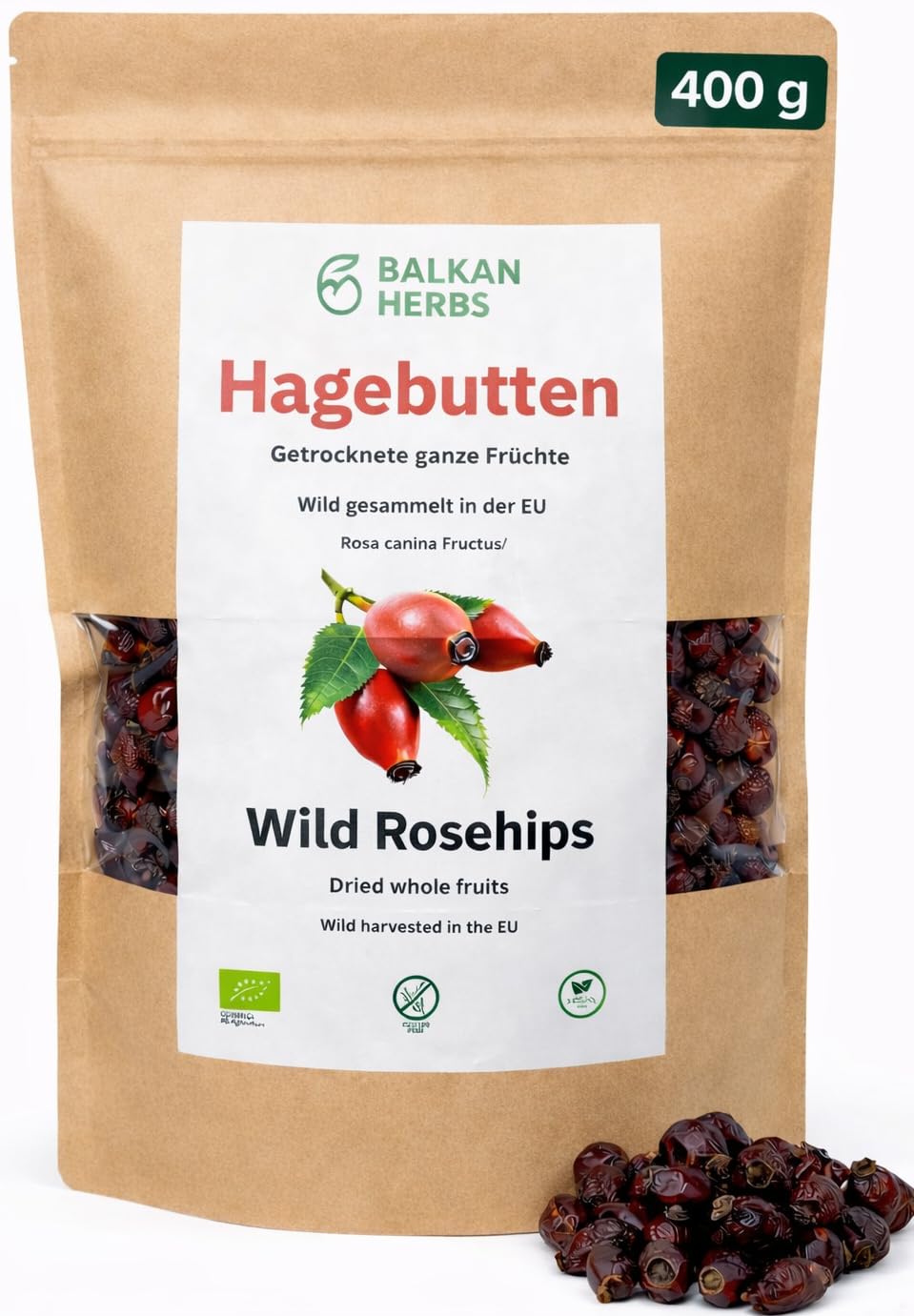 BIO-Hagebutten ganz 400 g, getrocknet, Wildsamlung aus EU, Hagebuttentee (Rosa canina tot.) von Balkan Herbs (400 g.)