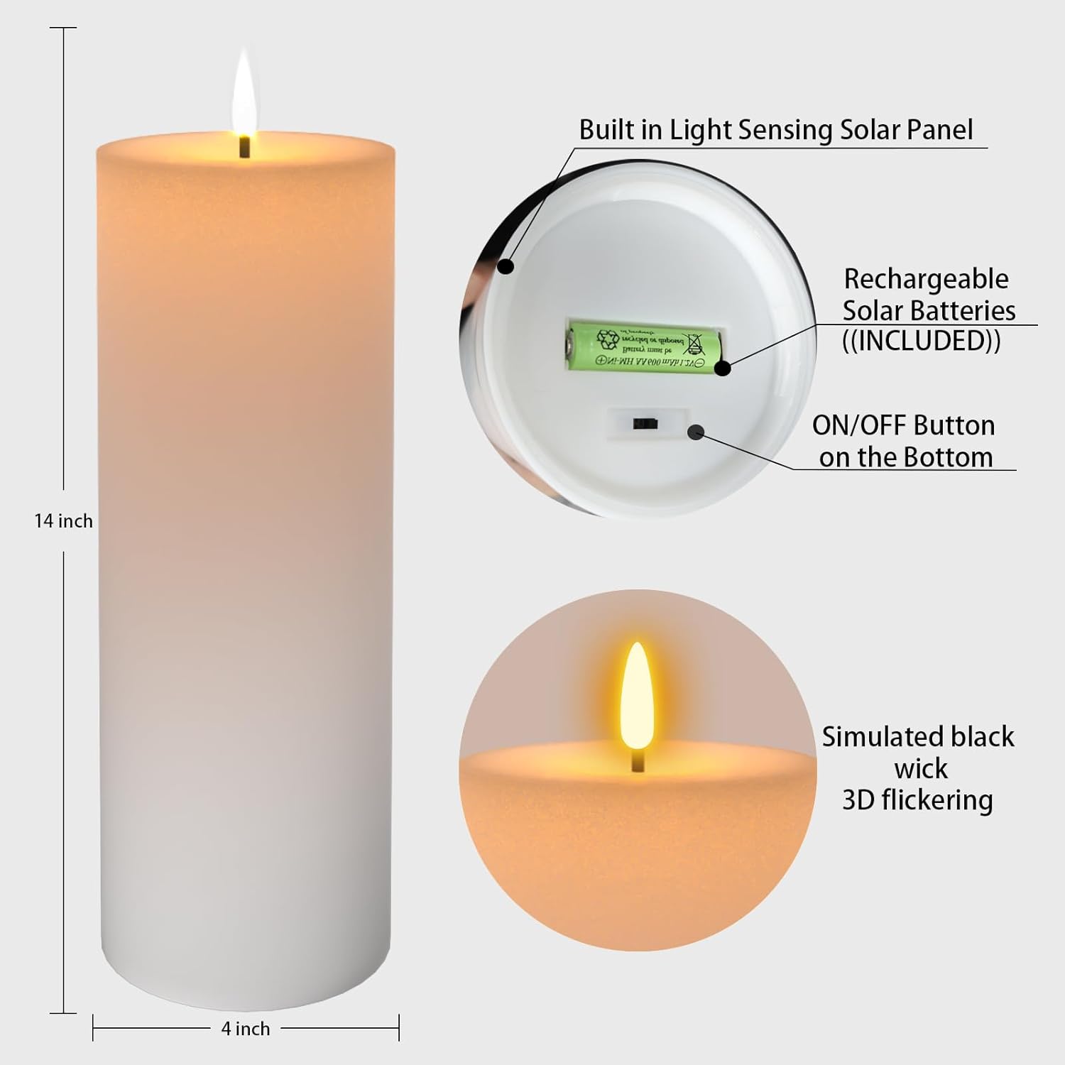 Large Outdoor Solar Candles Waterproof, 4"×14" Rechargeable Solar Powered Flameless LED Pillar Flickering Candle, Dusk to Dawn Fake Electric Candles for Patio Porch Lanterns, White Set of 2