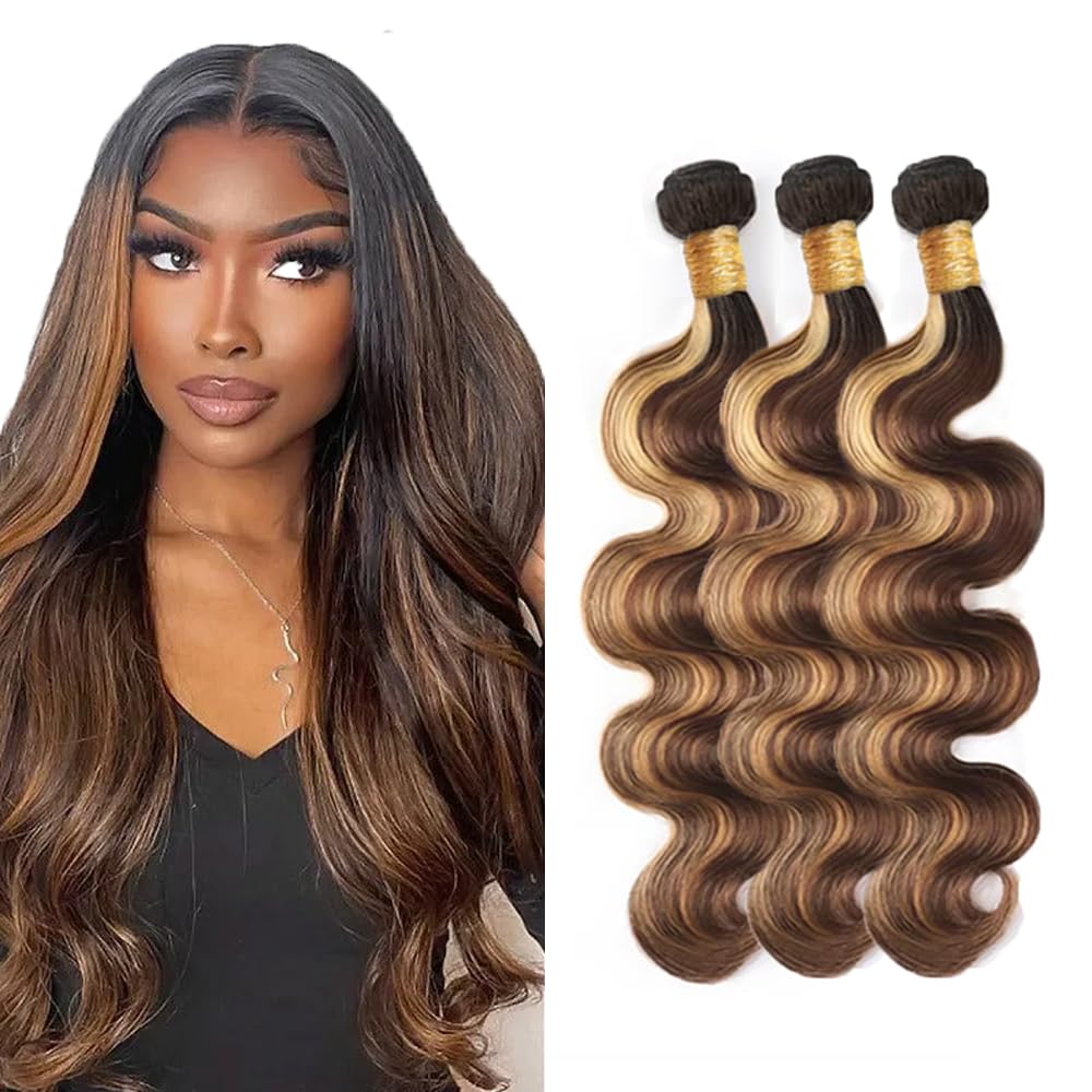 P4/27 Human Hair Bundles Highlight Body Wave Ombre Brown 16 18 20 Inch #27 and #4 4/27