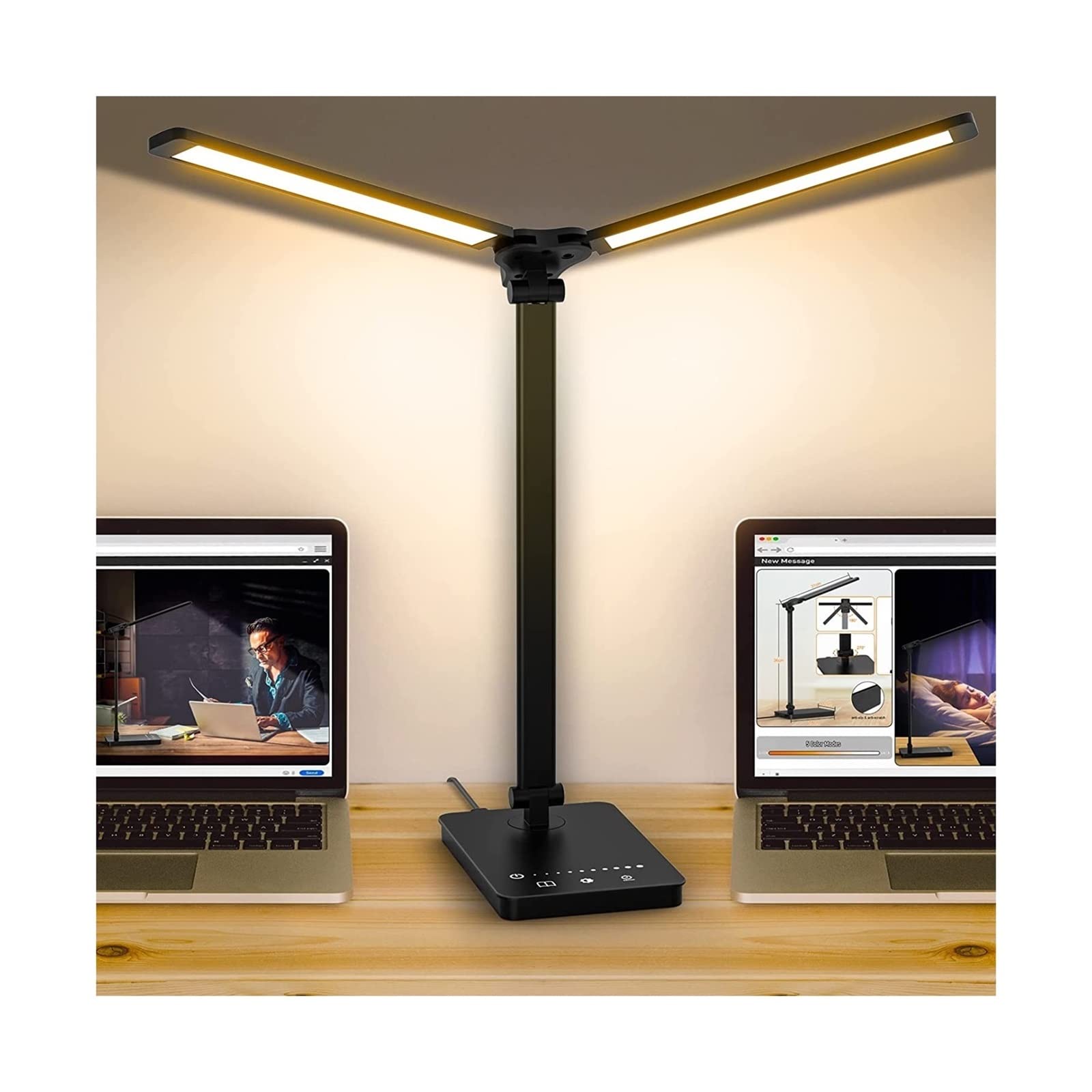Bright LED Desk Lamp For Home Office - Dual Swing Arm Desk Light, Eye-Caring Architect Task Lamp, Adjustable Foldable Table Lamp, Dimmable Touch Control Desktop Lamp 5 Lighting Modes For Work/Study (