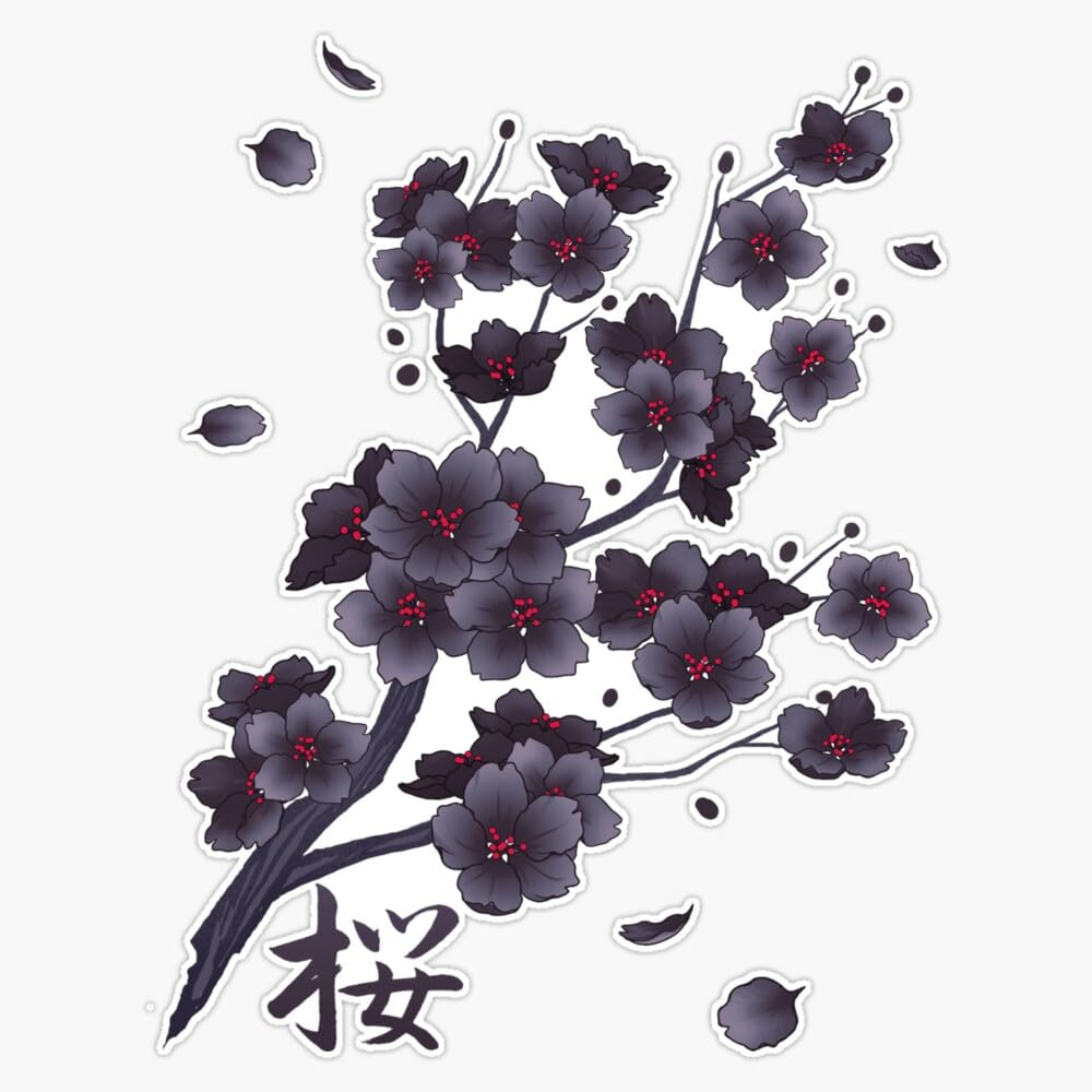 Falling Black Sakura Cherry Blossom Branches On Red Sticker Vinyl Waterproof Sticker Decal Car Laptop Wall Window Bumper Sticker 5"
