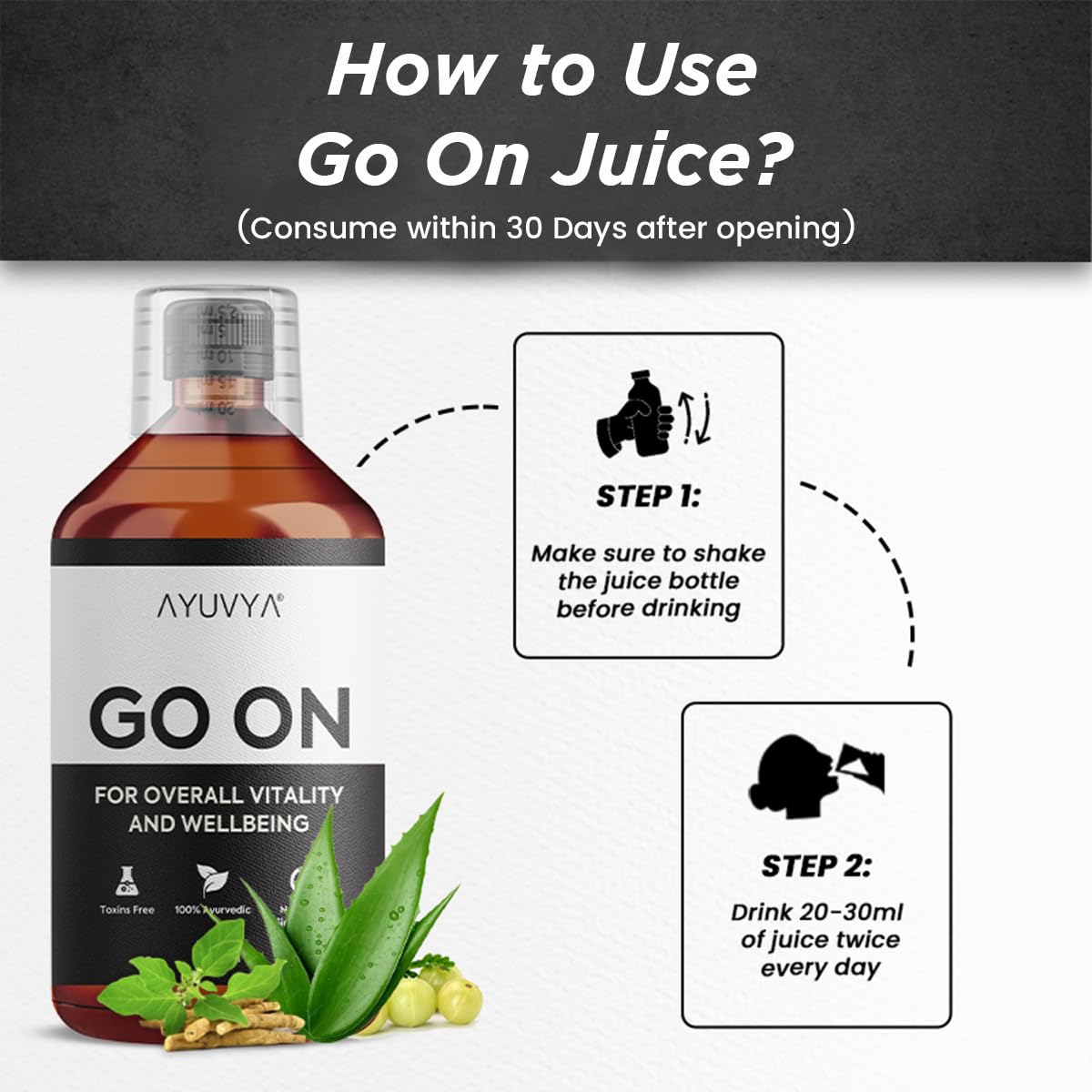 Ayuvya Go On Ayurvedic Juice | Helps in stamina & performance, improves mental and physical well-being | Enriched with Ashwagandha, & Kulanjan 500 ML (Pack of 1) 2