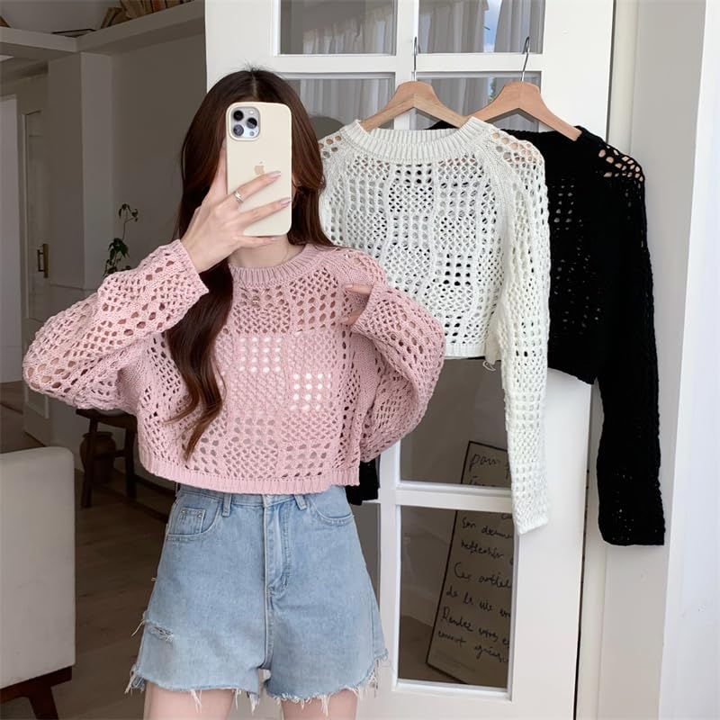 Image of ICW Women's Knitted Crochet Transparent Long-Sleeve Hollow Out Sheer Pullover Top T-Shirt Sweater Dn61 (One Size Fit XS-S-M-L)
