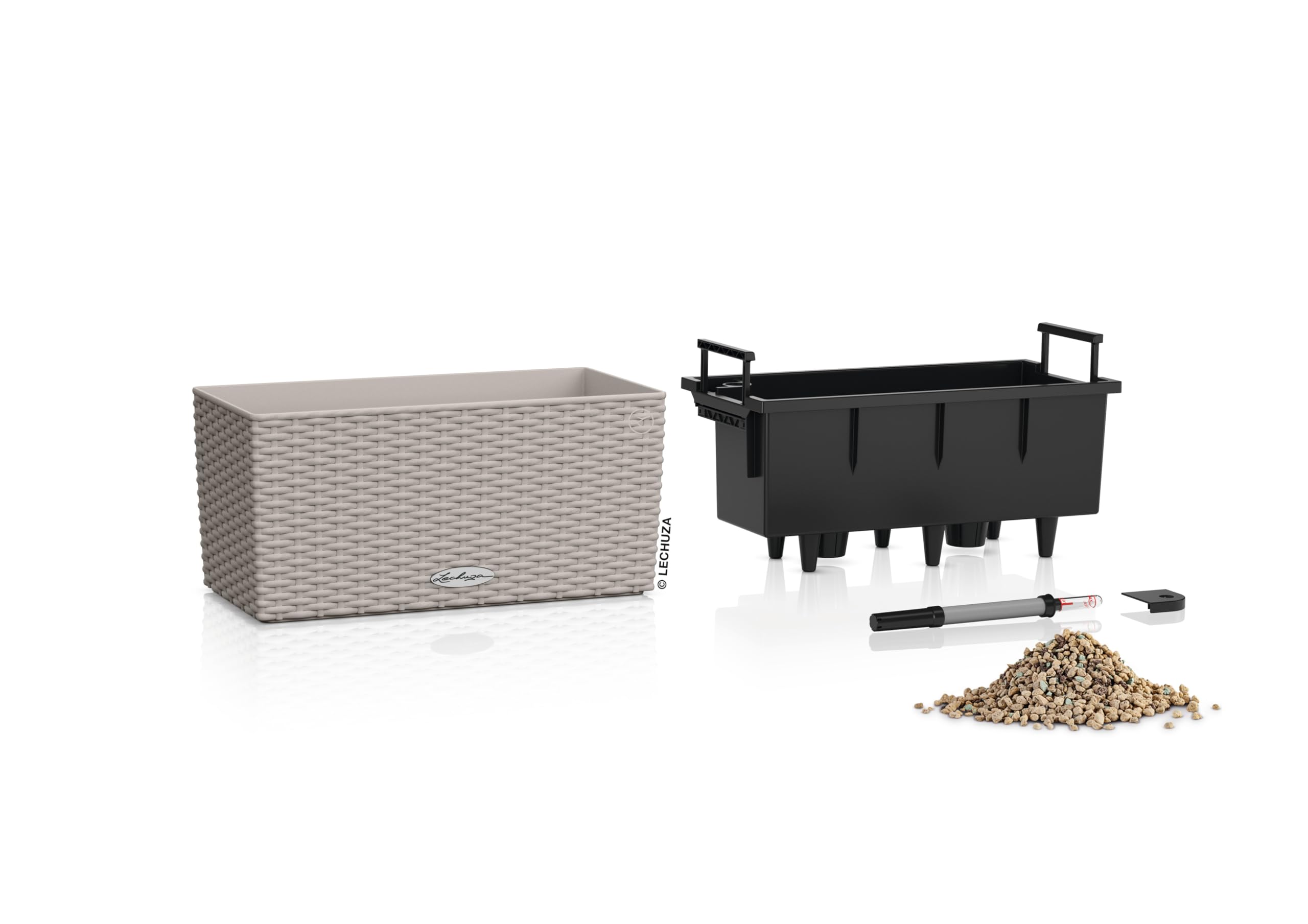 Lechuza - Macetero Balconera Cottage 40 marrón Arena, Jardinera con Sistema de riego, indicador de Nivel de Agua e Inserto, Aspecto Trenzado, 40 x 19 x 19 cm, 15474