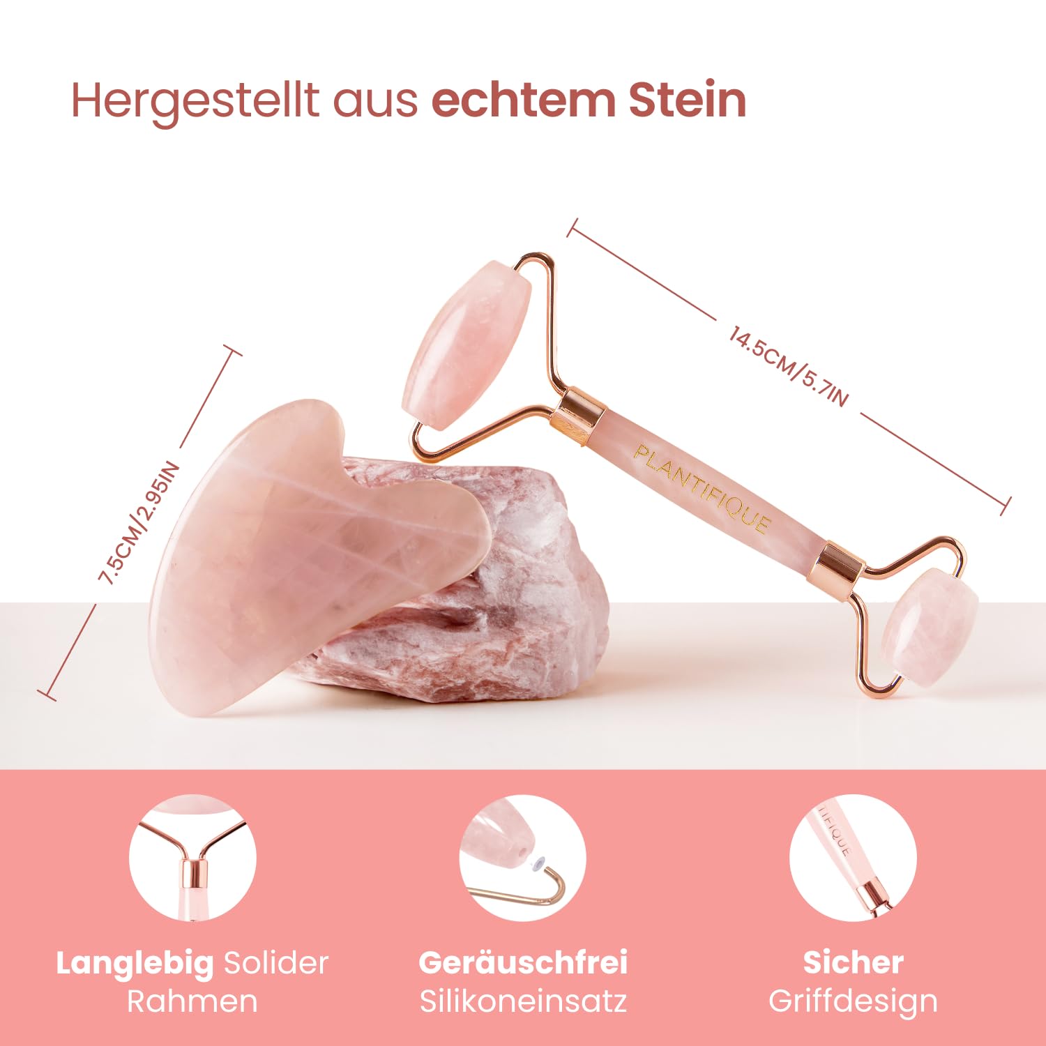 PLANTIFIQUE Rullo Giada Viso e Gua Sha - Jade Roller e Guasha Pietra Massaggiatore Antirughe & Rullo Viso di Quarzo Rosa e Gua Sha - Roller e Guasha Pietra Massaggiatore Antirughe