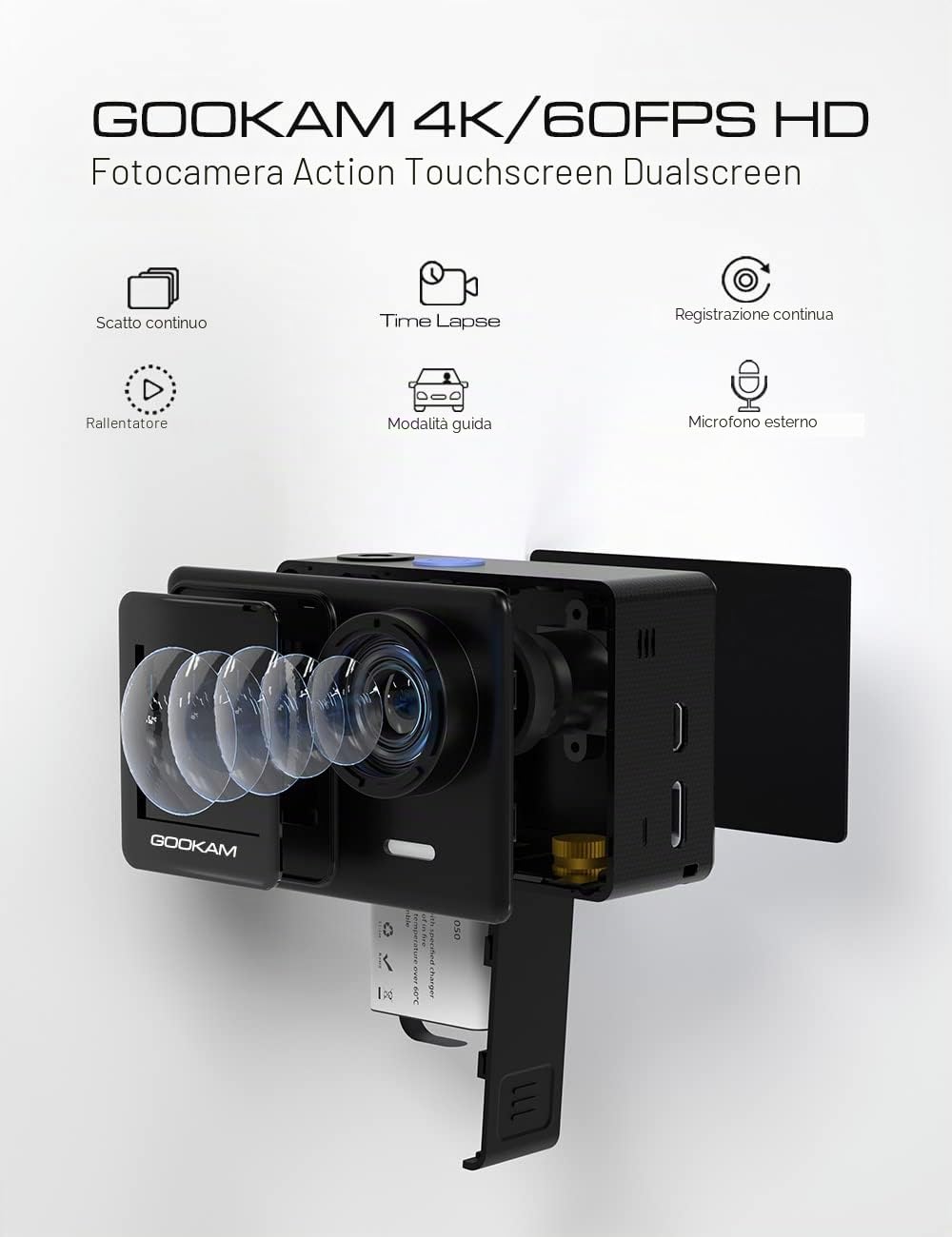 Action Cam WiFi 4K/60fps 24 MP Sports Camera con Touch Screen EIS Anti-Shake Fotocamera subacquea Impermeabile 40M, Microfono esterno 2x1350mAh Batterie