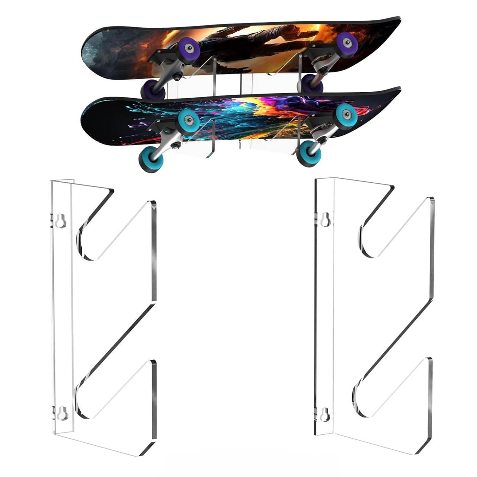 Asixxsix Acrylic Transparent Skateboard Wall Mount Display Rack, 2 Tier Skateboard Horizontal Storage with Hardware, Skateboard Display Rack for Longboard, Snowboard
