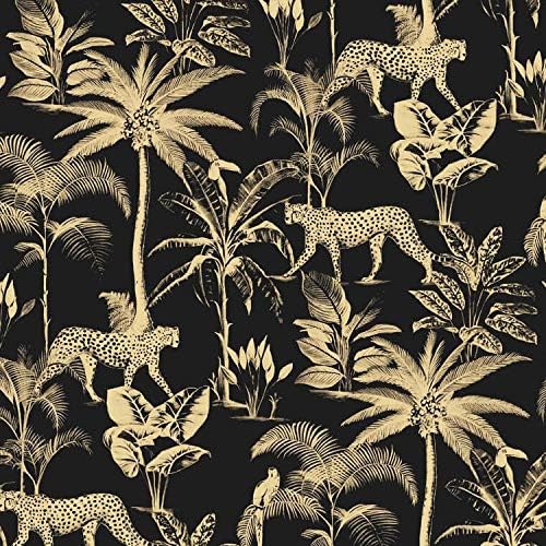 Savannah Black Gold Wallpaper Textured Shimmer Cheetah Palm Tree Jungle Tropical