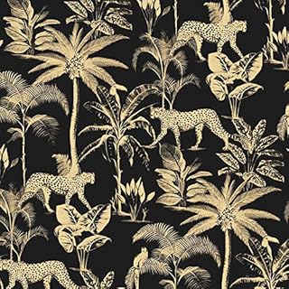 Savannah Black Gold Wallpaper Textured Shimmer Cheetah Palm Tree Jungle Tropical