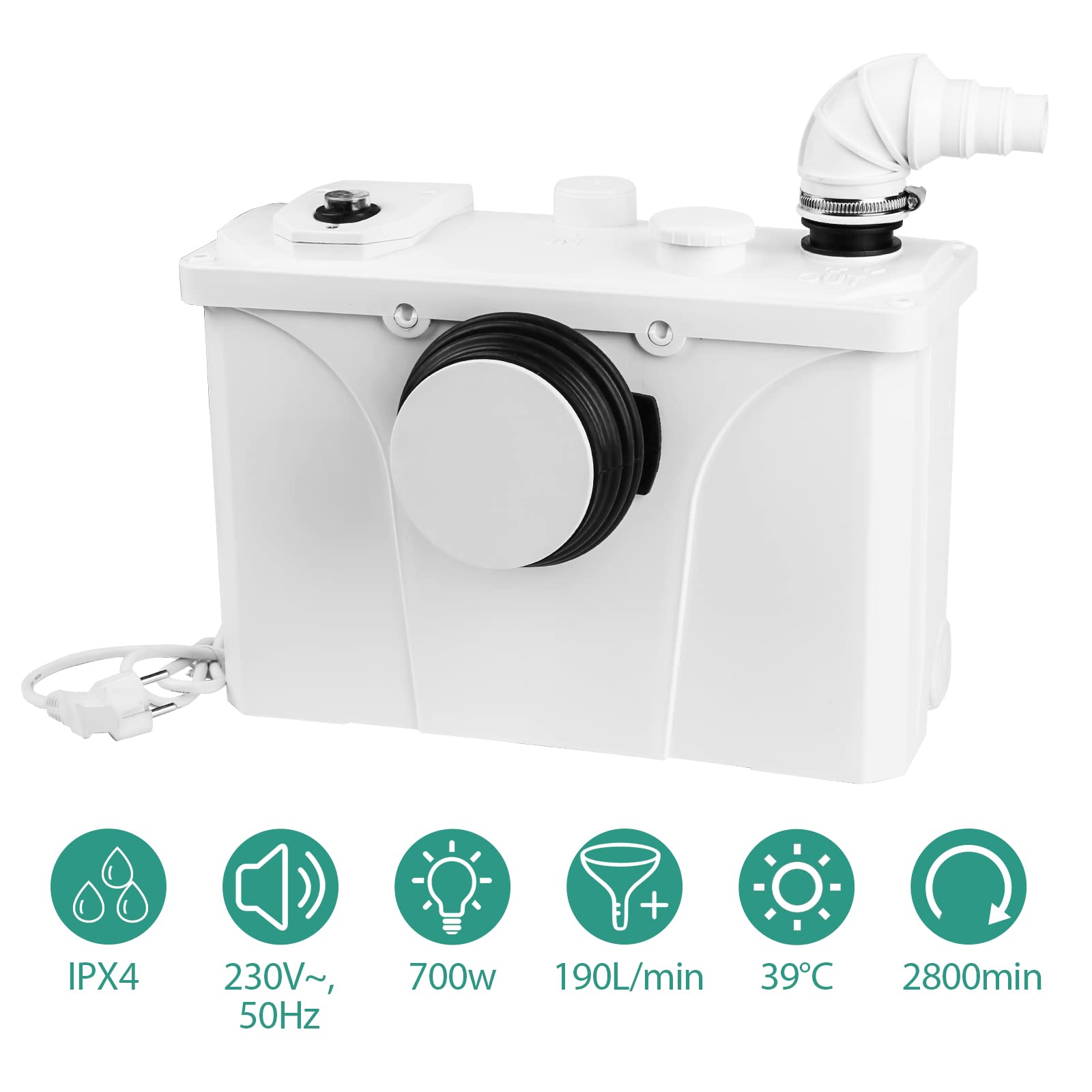 Trituratore WC Maceratore pompa da 700 W pompa per acque luride 190L / min con lame in acciaio inox e carbone attivo, per doccia, wc e lavabo