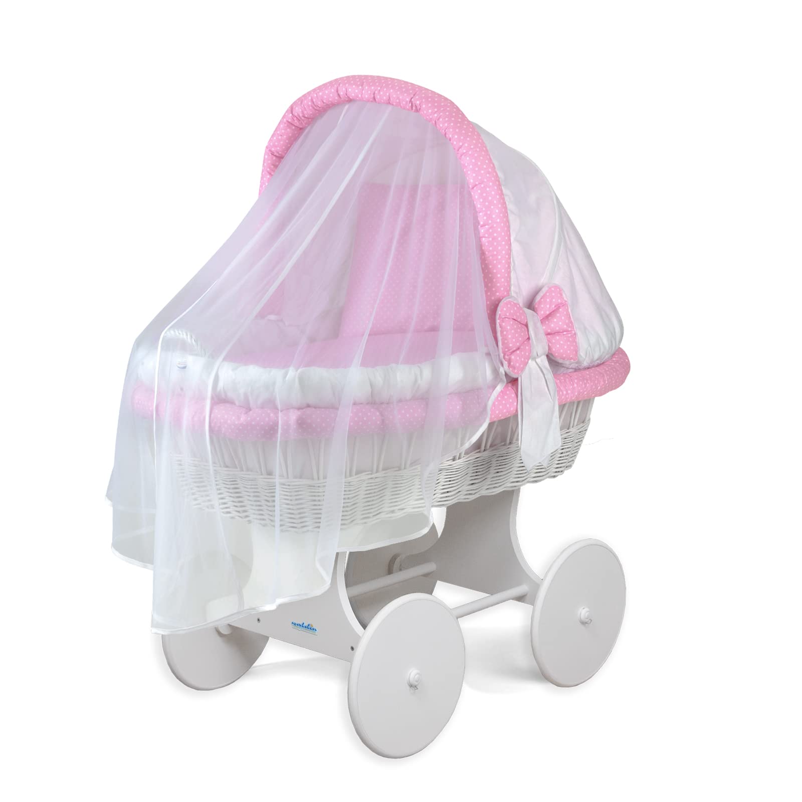 WALDIN Culla con cappotta,Culla con ruote XXL, IN 24 VARIANTI, telaio/ruote laccato in bianco, colore tessile bianco/puntini bianchi su rosa