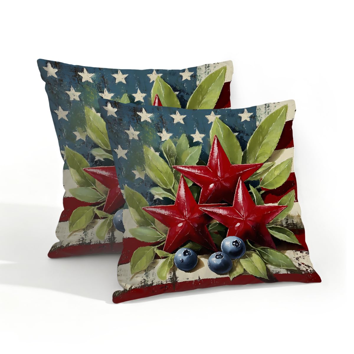 Outdoor Pillow Covers Waterproof Pillowcases 18x18in Set of 2 American Flag Berry Leaf Decorative Throw Cushion Case for Couch Sofa Garden Patio Furniture
