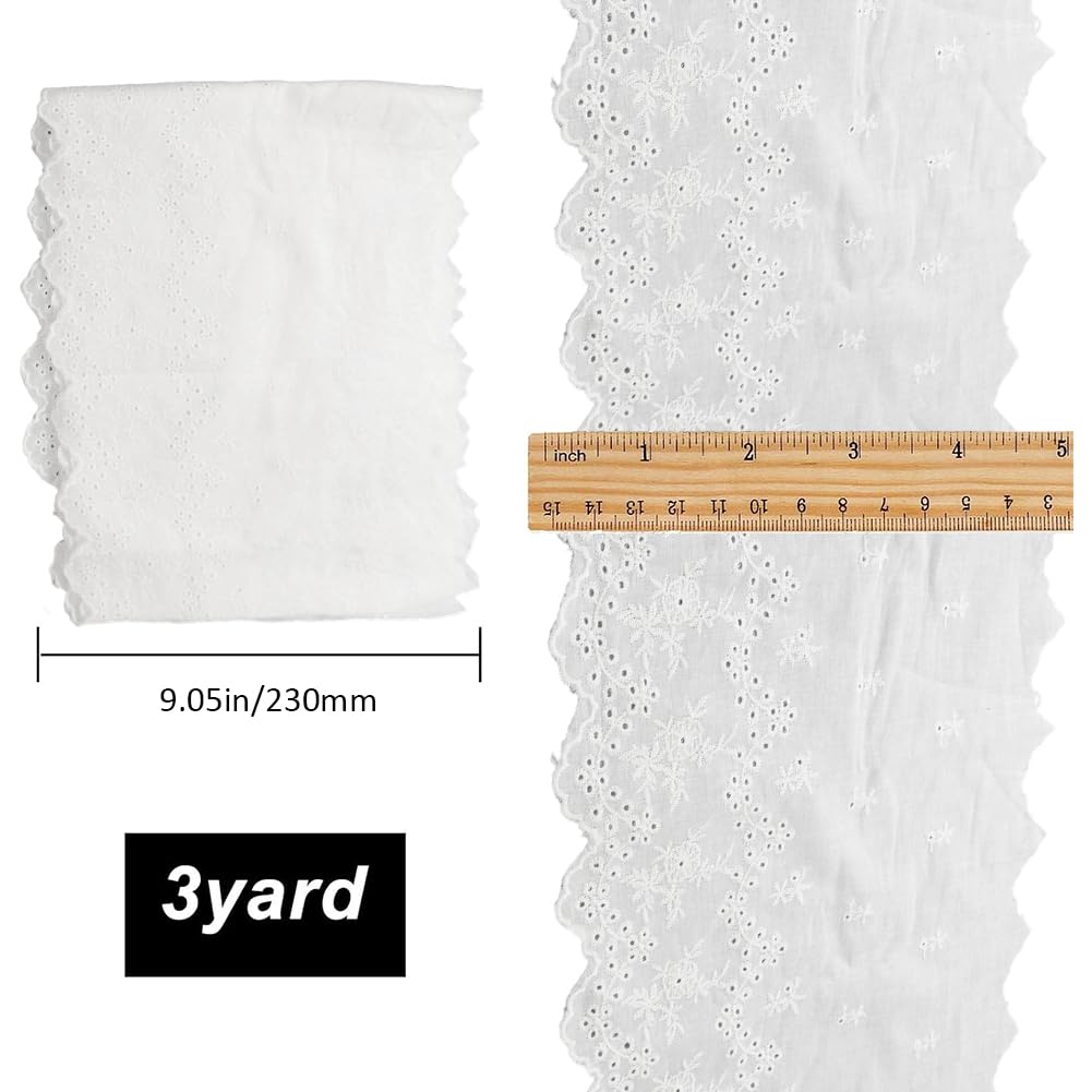 GORGECRAFT 3 iarda Pizzo Occhiello Rifinito A Metro Rotolo di Pizzo Largo 23 cm Cotone Bianco Ricamo Pizzo Passamaneria Tessuto per Bordo Smerlato Decorazioni Abito Tovaglia Matrimonio Festival
