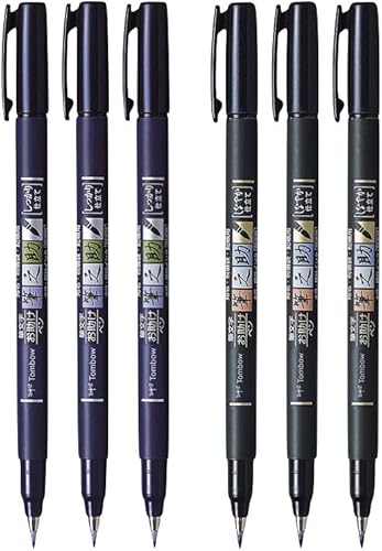 Tombow Fudenosuke, paquete de 6, punta dura (GCD-111) x3, suave (GCD-112) x3 - para dibujo de precisión, notas de boceto y caligrafía | La mejor