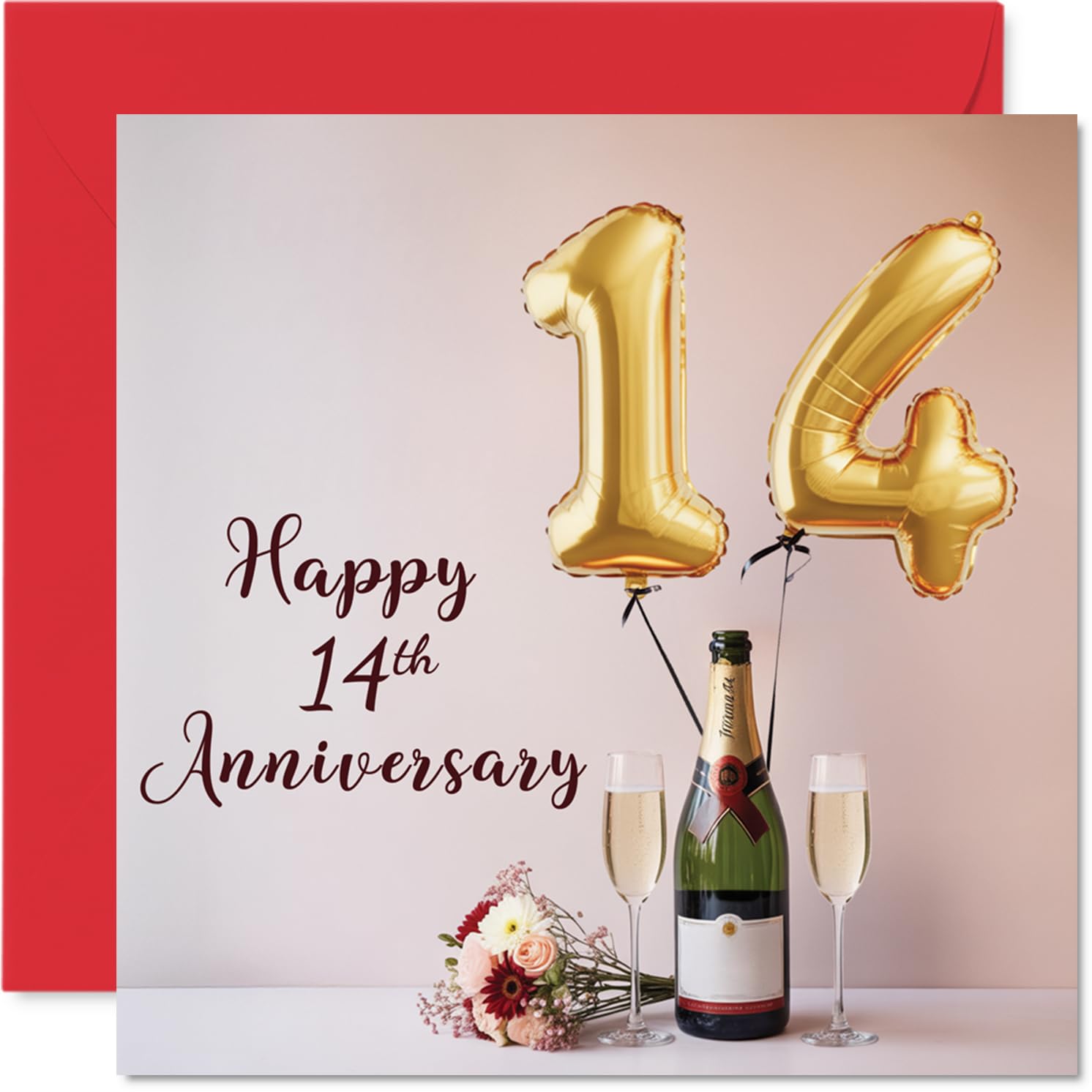 14th Anniversary Card for Women and Men, Balloons & Bottle of Bubbly