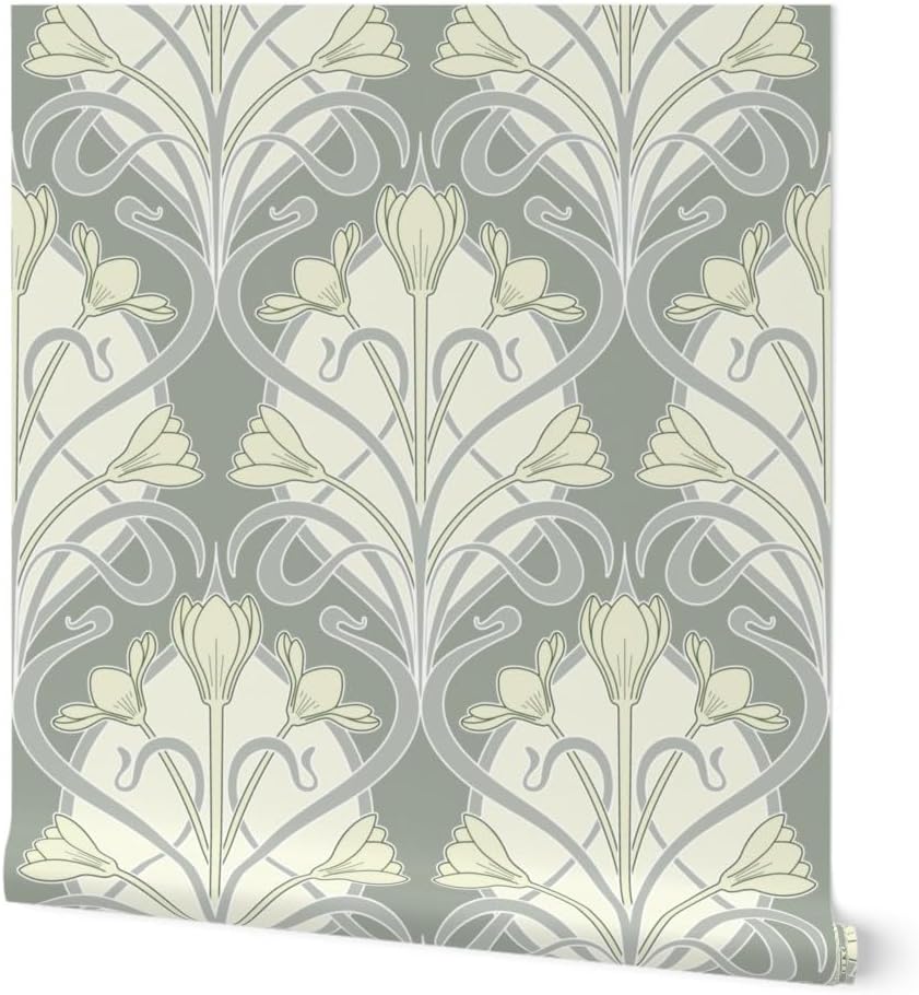 Spoonflower Commercial Grade Wallpaper 27ft x 2ft - Cream Green Flowers Art Nouveau Damask Traditional Wallpaper