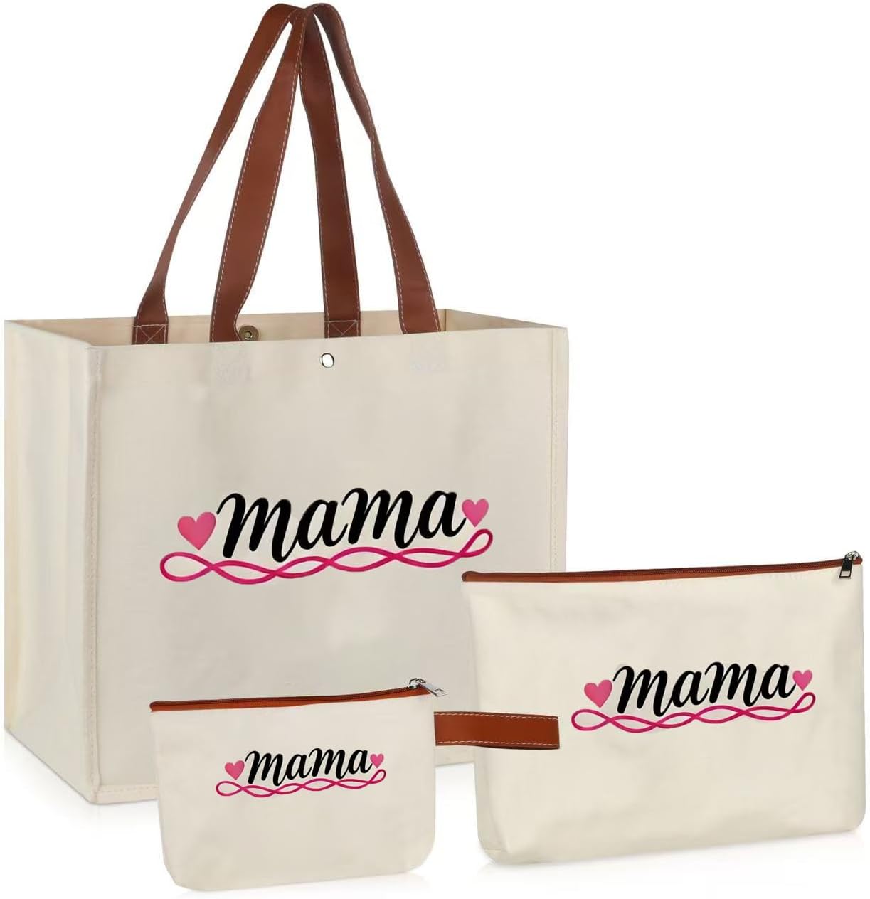 Lukeline Personalized Gifts for Mama,3 Pack Mama Bag Mother Gifts,Mom Tote Bag with Makeup Bag for Women, Mothers Day, Birthday Gift,Shopping, Beach, Travel