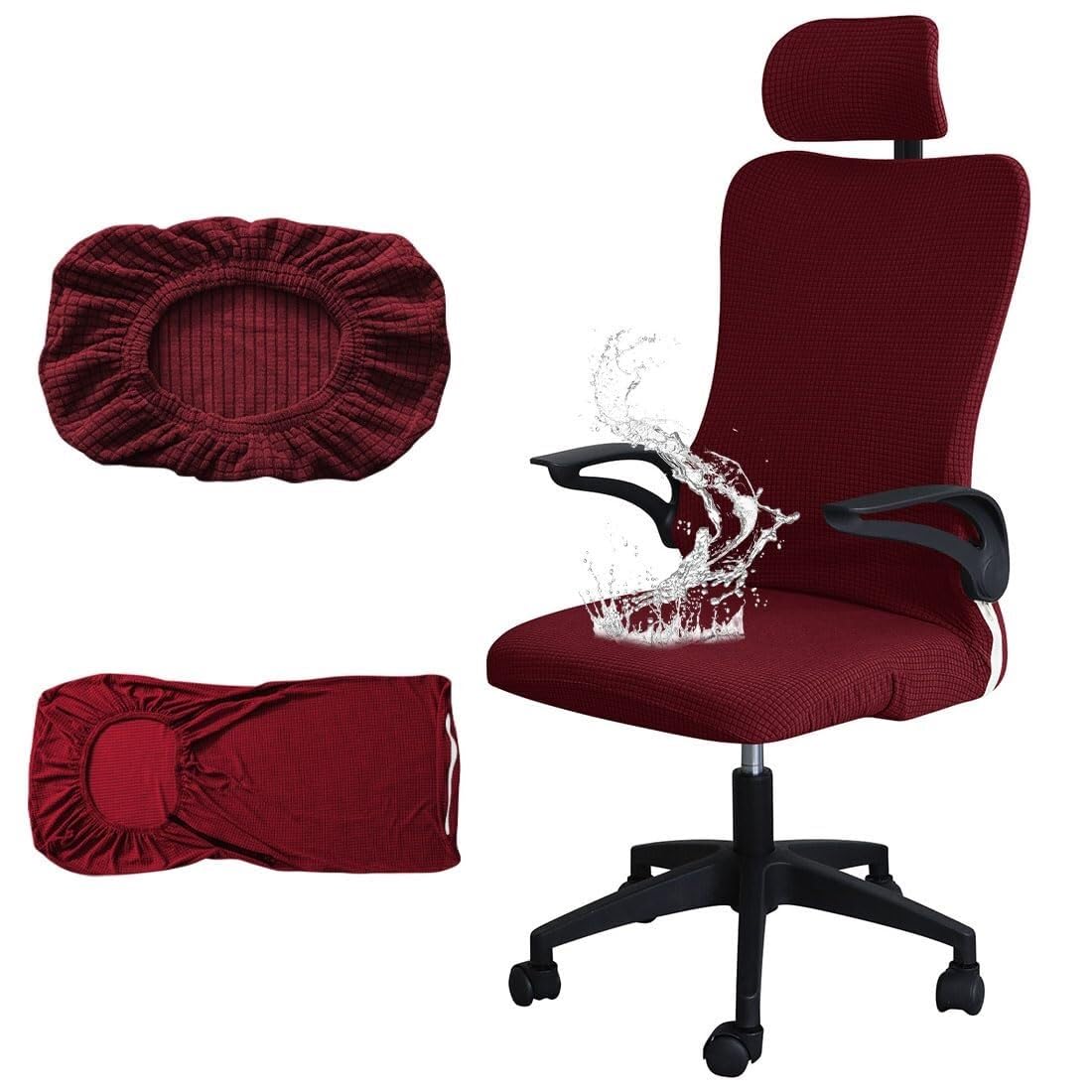 PBTMCD Office Chair Cover With Headrest, Stretch Jacquard Gaming Slipcover For High Back Computer Desk Rotating Armchair(Wine Red)