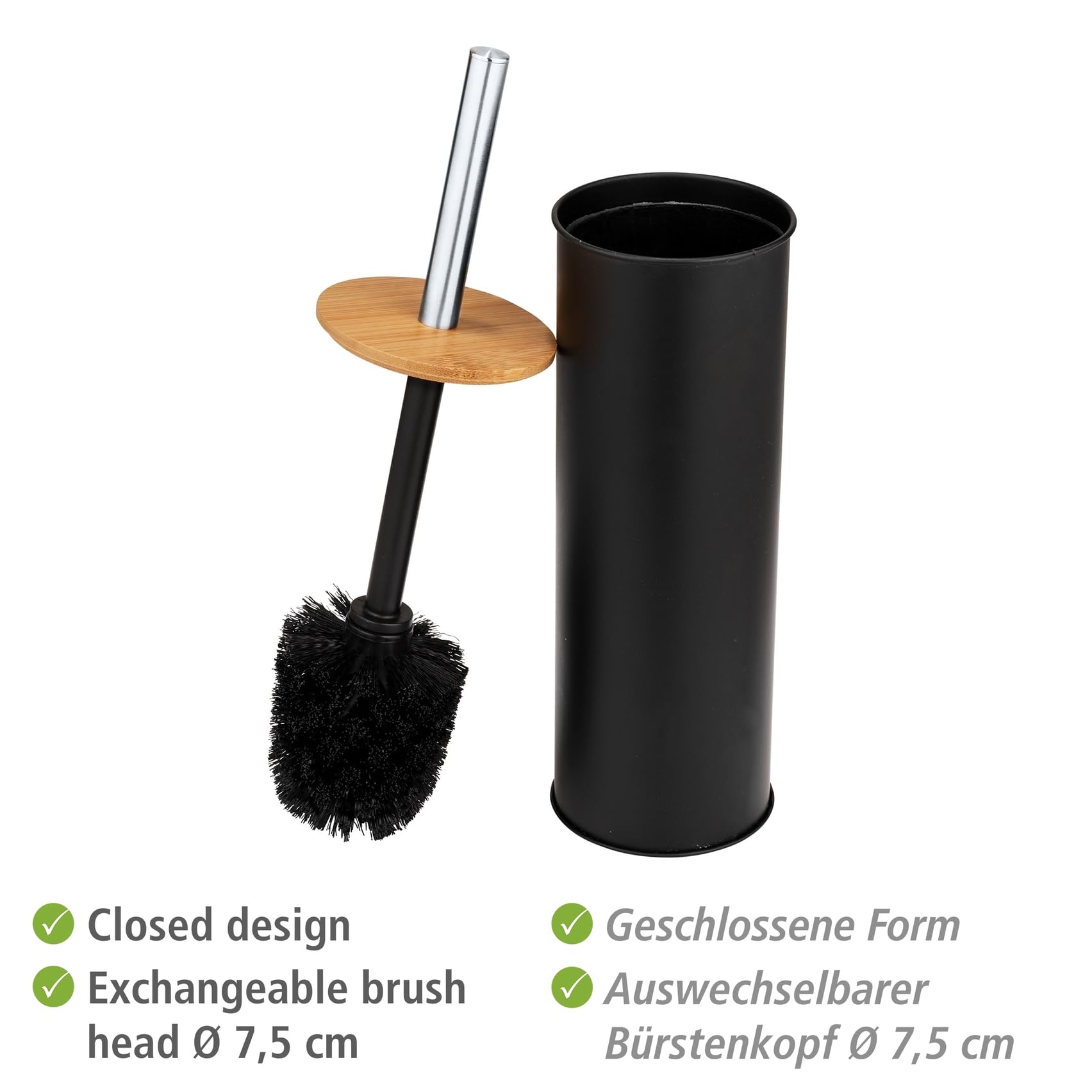WENKO Tortona Closed Toilet Brush Made of Steel, Combined with Bamboo, Diameter 9.5 x 38.5 cm, Black, 9,5 x 38,5 x 9,5 cm - Image 4