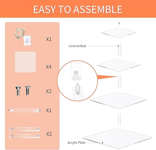 Miniatura 7 de Soporte de acrílico transparente de 4 niveles para cupcakes con cadena de luces LED blancas cálidas, soporte cuadrado de exhibición de cupcakes para