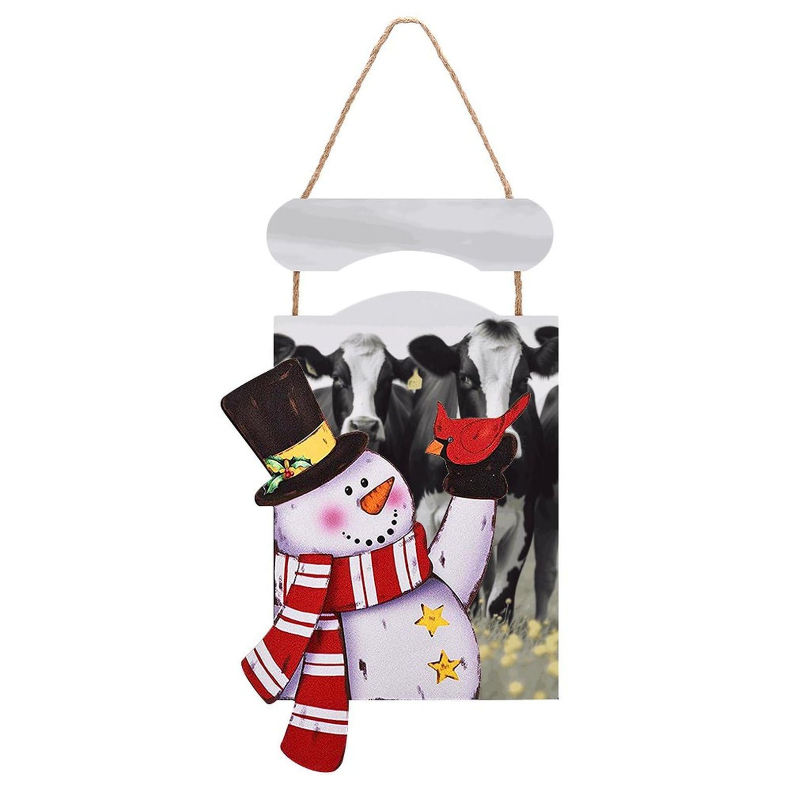 Black White Cows Snowman Sign Wooden Hanging Door Sign Christmas Door Decor Christmas Snowman Wooden Hanging Sign Wall Art for Indoor Outdoor Porch Wall