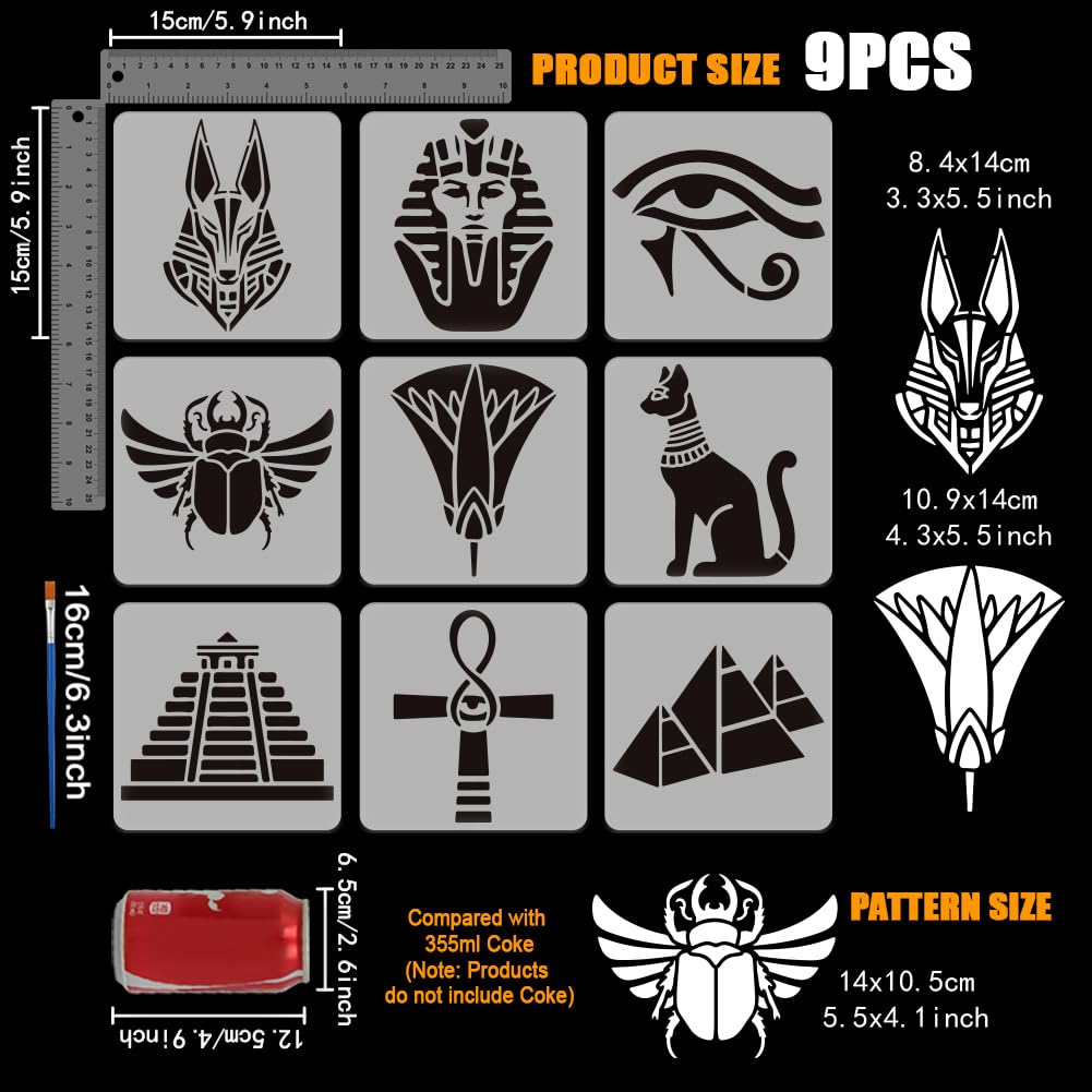 FINGERINSPIRE 9Styles Egyptian Pattern Stencils with a Brush 15x15cm Eye of Horus Painting Stencils Pyramid Stencil Ancient Egyptian Lotus Stencil PET Black Cat Template for Wood Wall Floor - Image 2