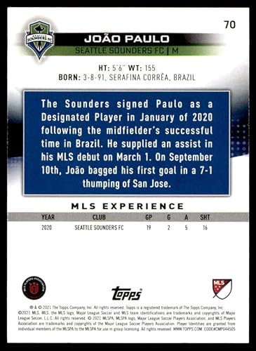 Miniatura 2 de 2021 Topps MLS #70 Joao Paulo Seattle Sounders FC Soccer Futbol Trading Card