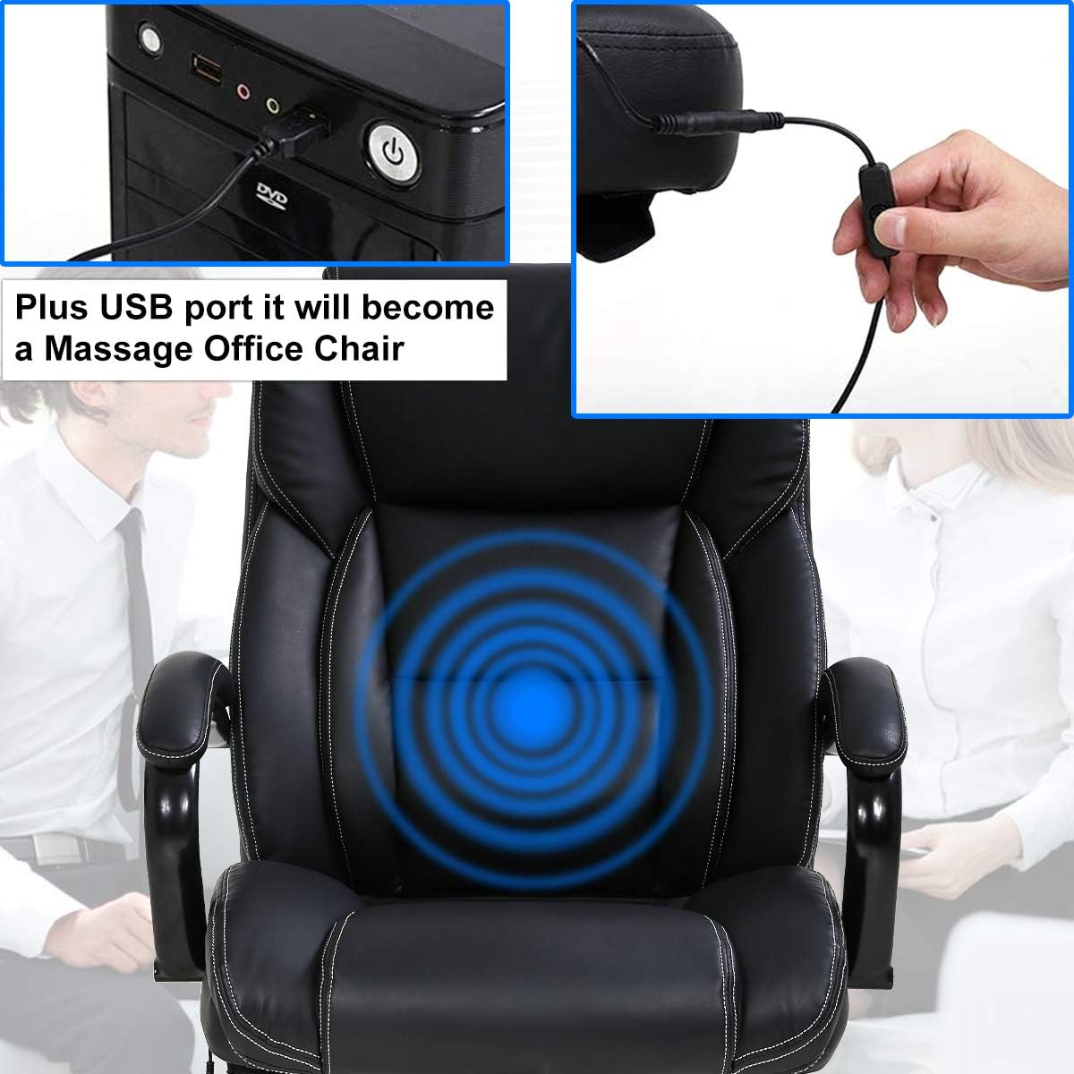 High Back Big & Tall 500lb Leather Office Chair,Heavy Duty Executive Computer Desk Chair with Vibration Massage Lumbar Support,Tilt Recliner Ergonomic Rolling Swivels Chair with Thick Seat Cushion