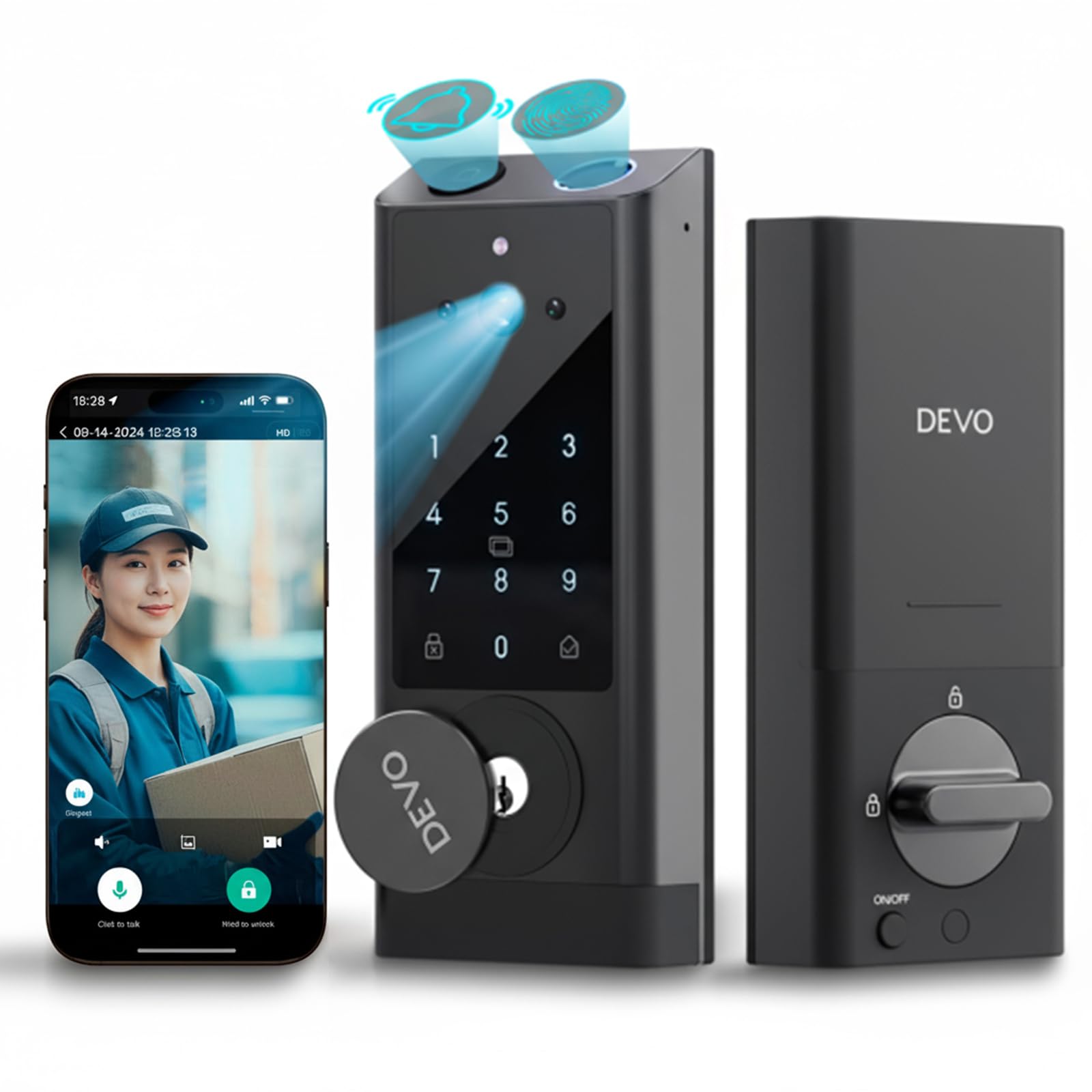 Devo G1 Video Smart Lock with Camera & Doorbell, 6-in-1 Fingerprint Keyless Entry Door Lock for Front Door, App Remote, Auto Locks, Wi-Fi Smart Deadbolt, Easy Install, Waterproof, Black
