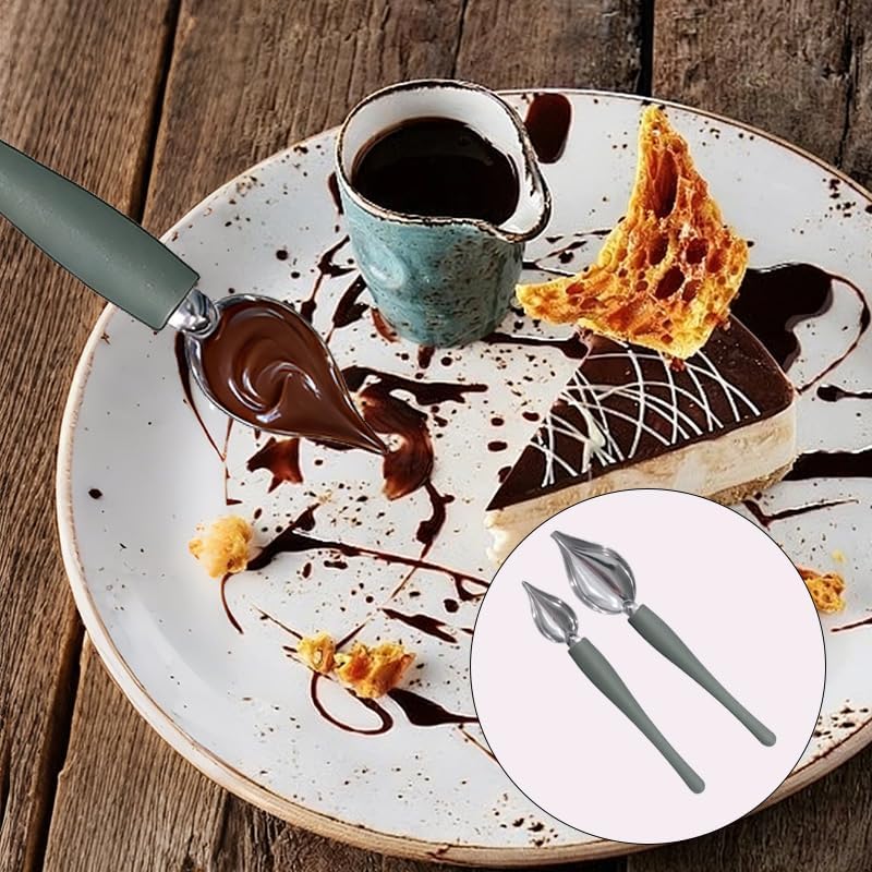 2Pcs Professional Culinary Precision Drawing Decorating Spoon, Stainless Steel Chef Drizzle Spoons with Tapered Spout for Plating, Saucier & Chocolate Art, Ideal for Cake, Coffee, Dessert Decoration